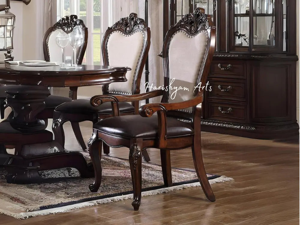 Traditional 7-Piece Dining Table Set with Cherry Finish PU and Linen Chairs