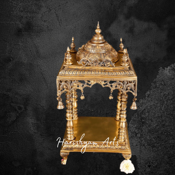 Traditional Brass Pooja Mandir with Hanging Bells for Home Temple Decor