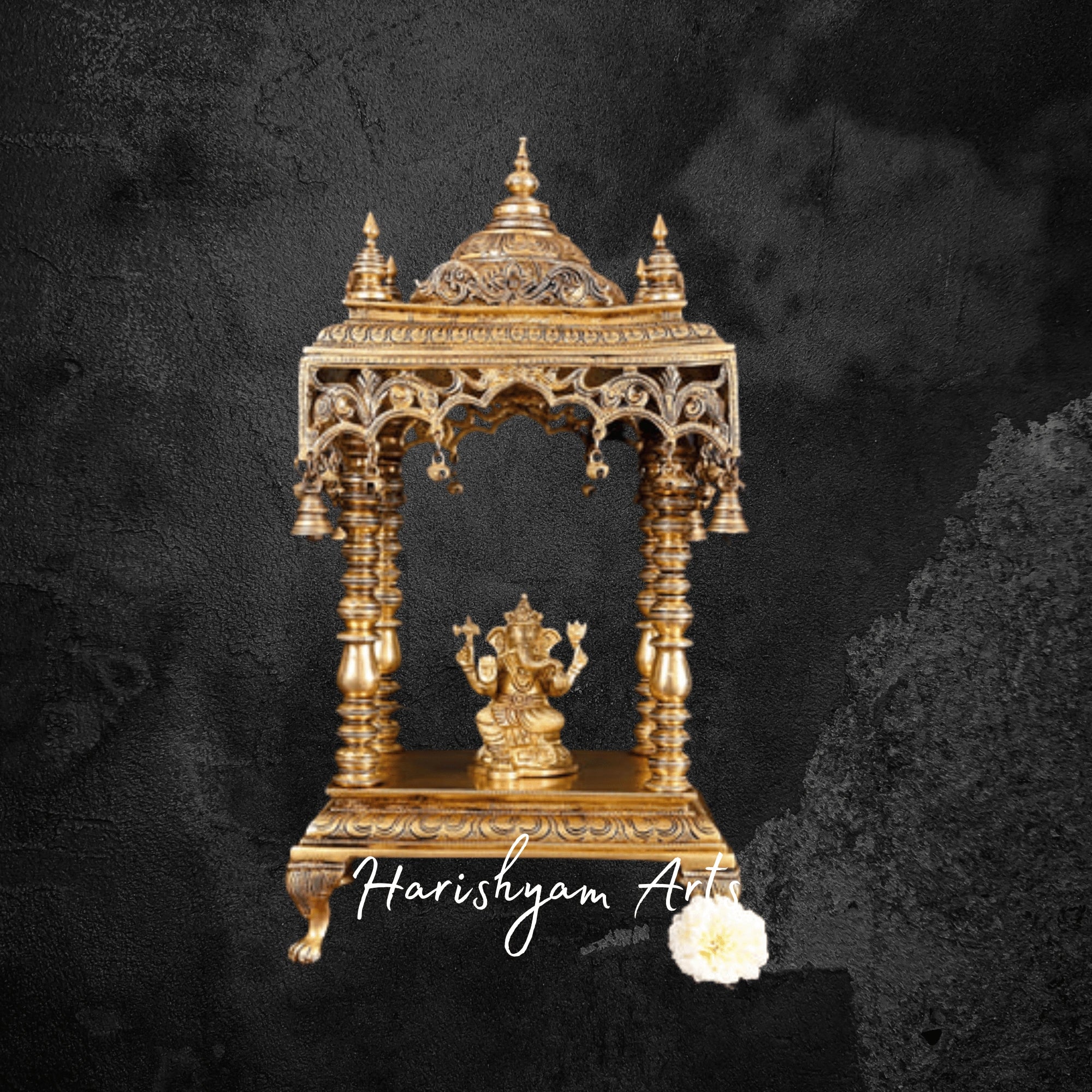 Traditional Brass Pooja Mandir with Hanging Bells for Home Temple Decor
