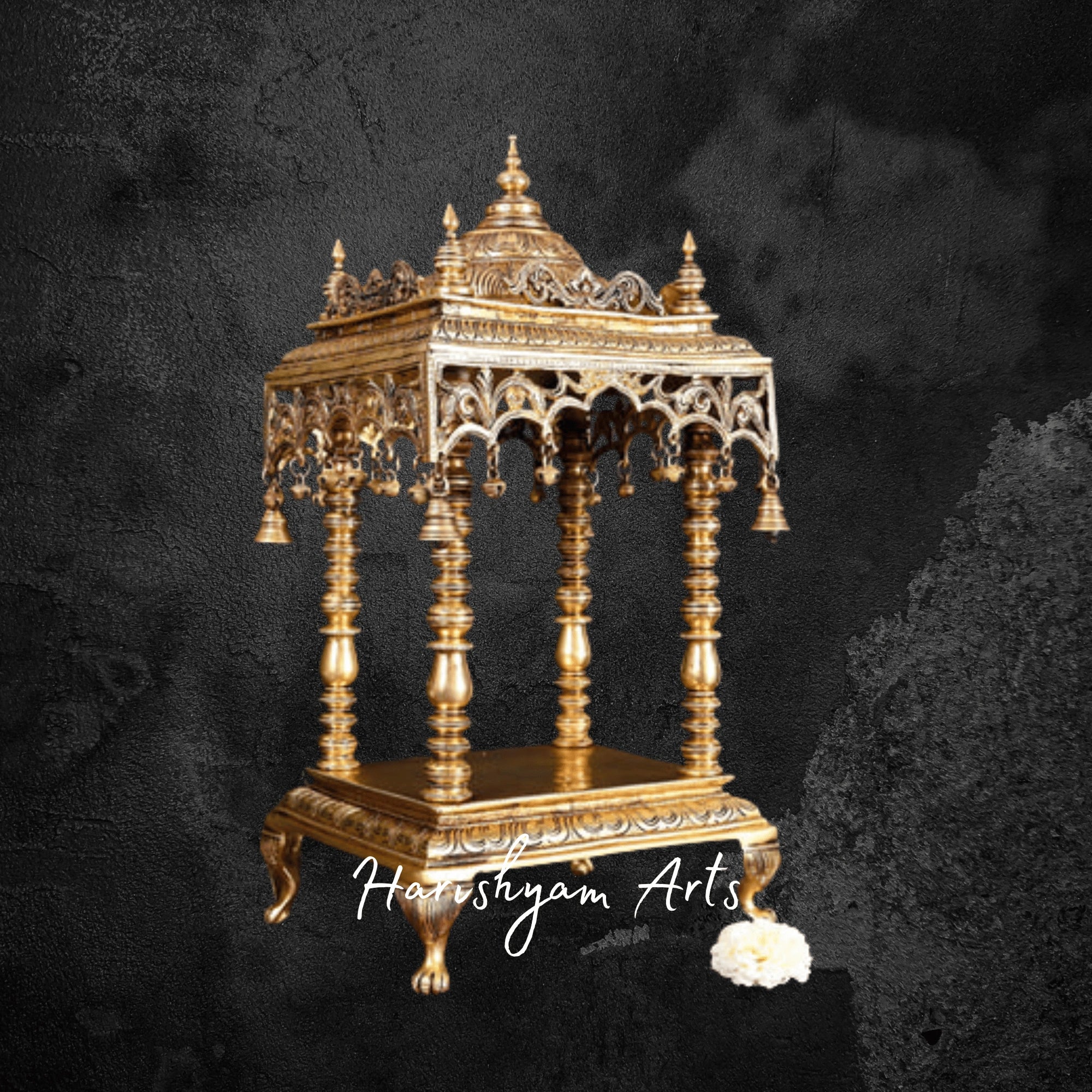 Traditional Brass Pooja Mandir with Hanging Bells for Home Temple Decor