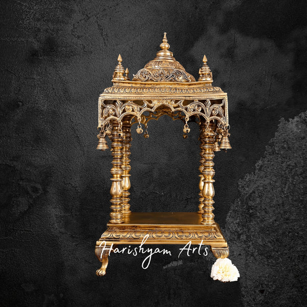Traditional Brass Pooja Mandir with Hanging Bells for Home Temple Decor