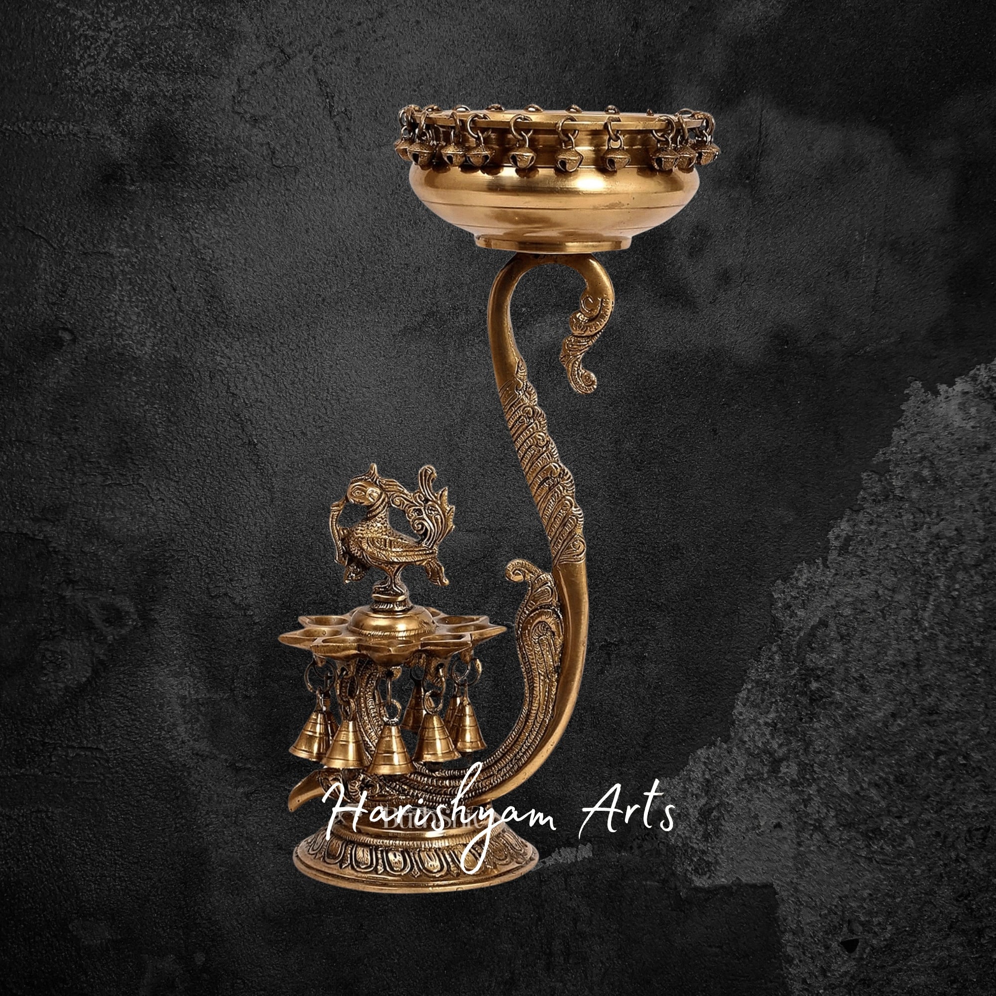 Traditional Brass Urli Bowl with Twin Peacock Oil Lamps for Mandir Display