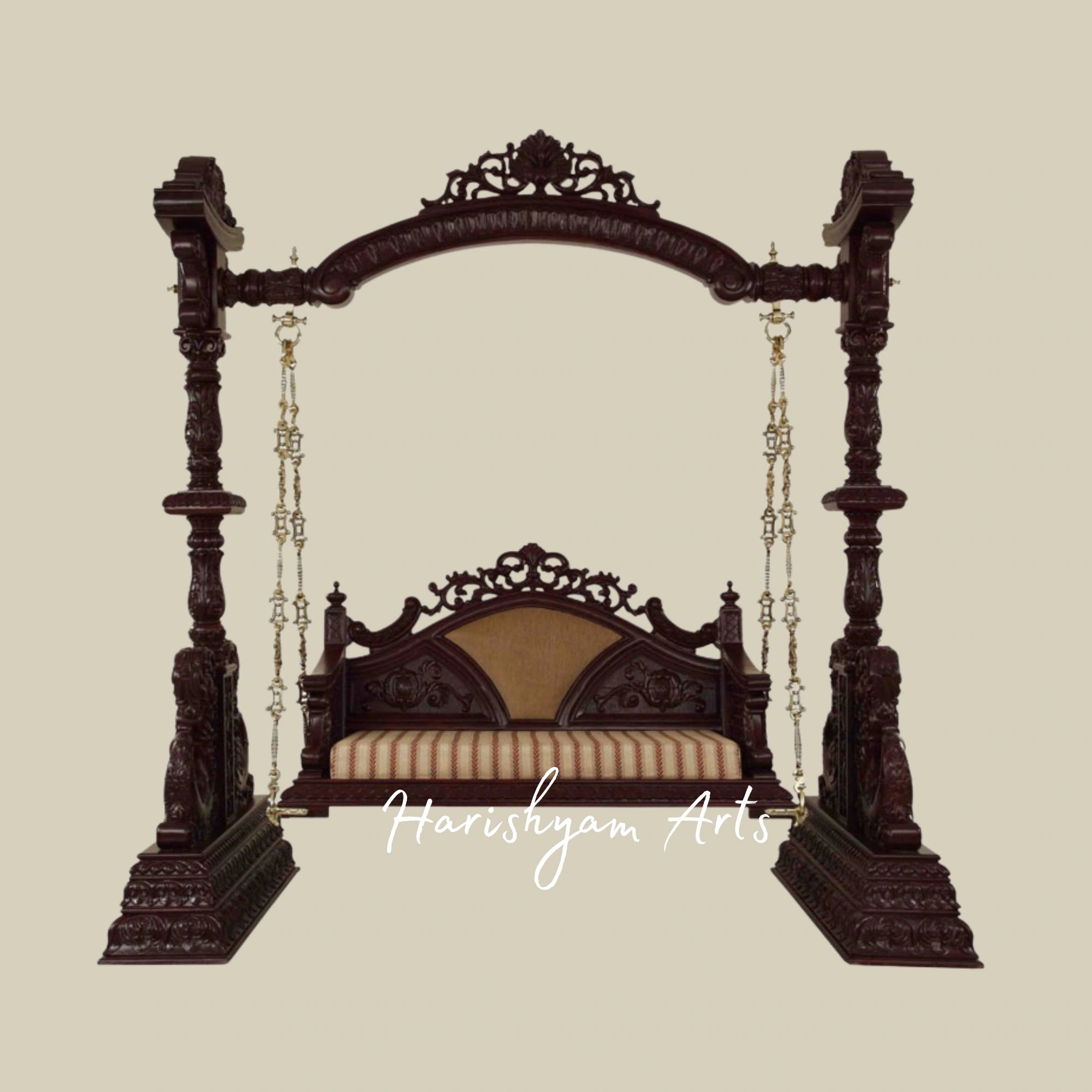 Traditional Dark Teak Wood Swing with Brass Chains for Home Décor