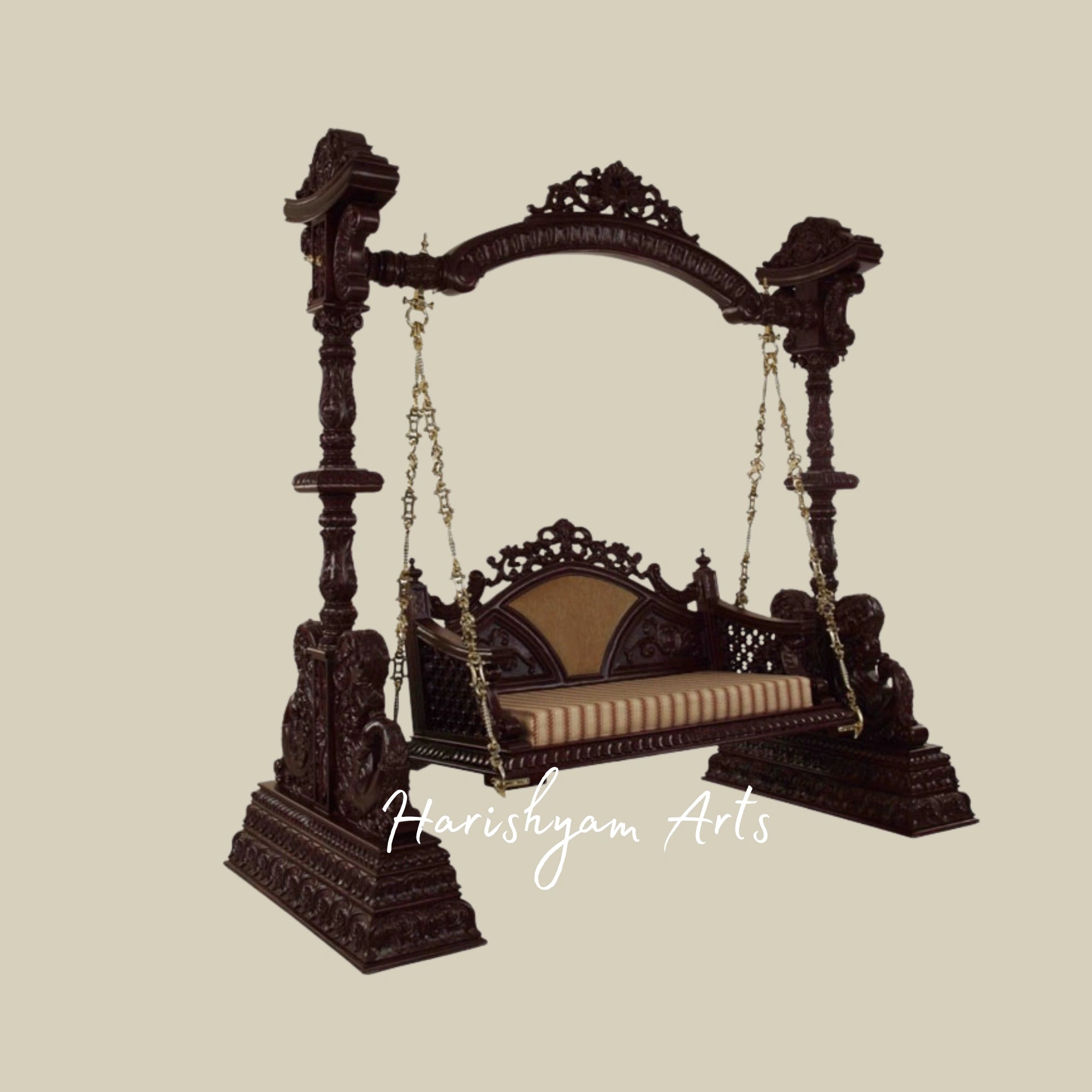 Traditional Dark Teak Wood Swing with Brass Chains for Home Décor
