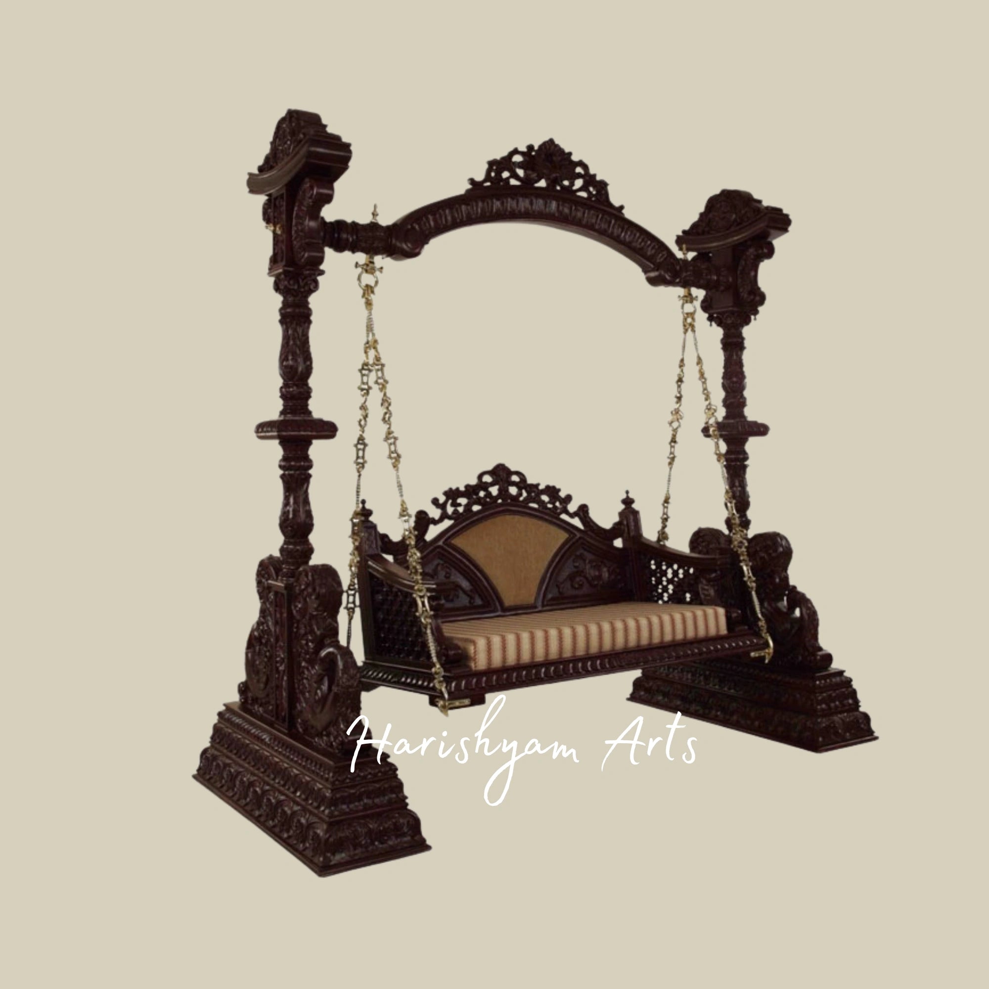 Traditional Dark Teak Wood Swing with Brass Chains for Home Décor