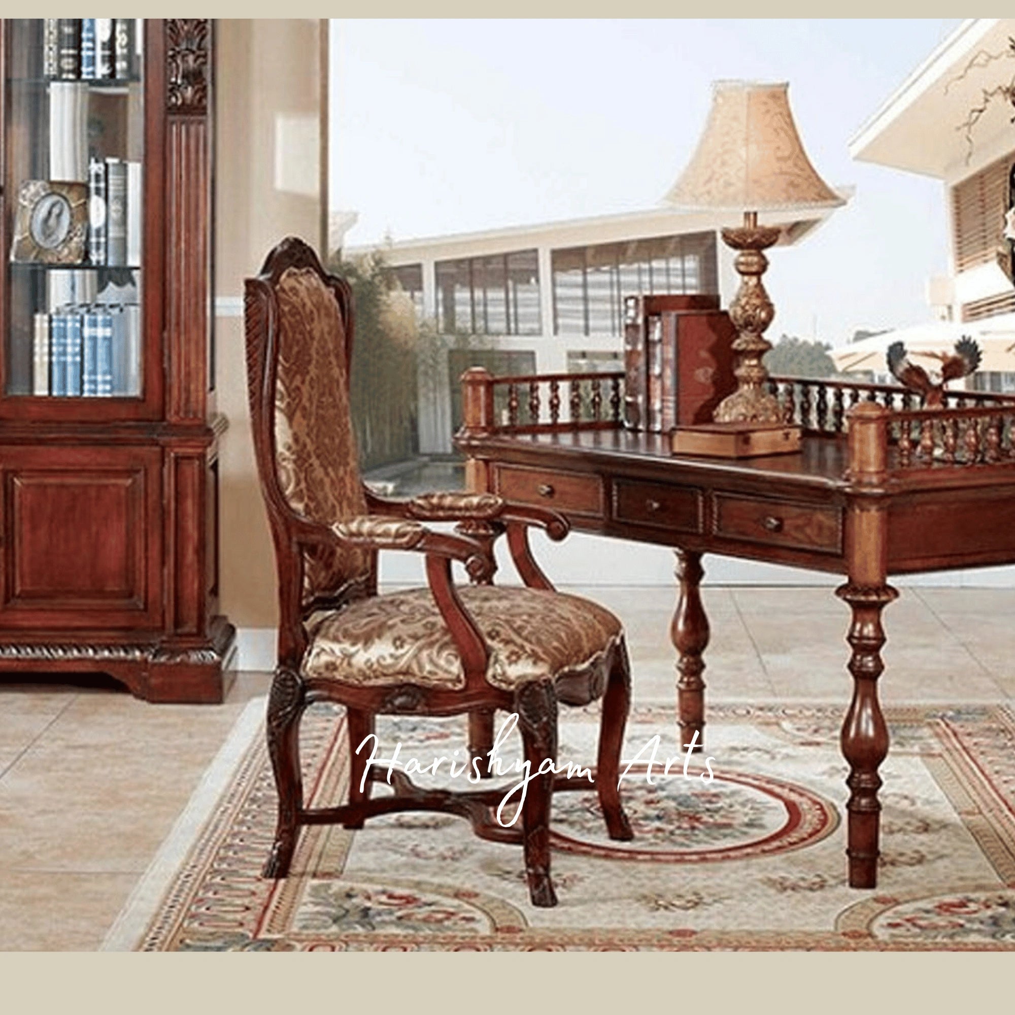 Traditional Home Office Furniture featuring Solid Wood Desk with Decorative Rail, Royal Style Chair and Tall Display Cabinet