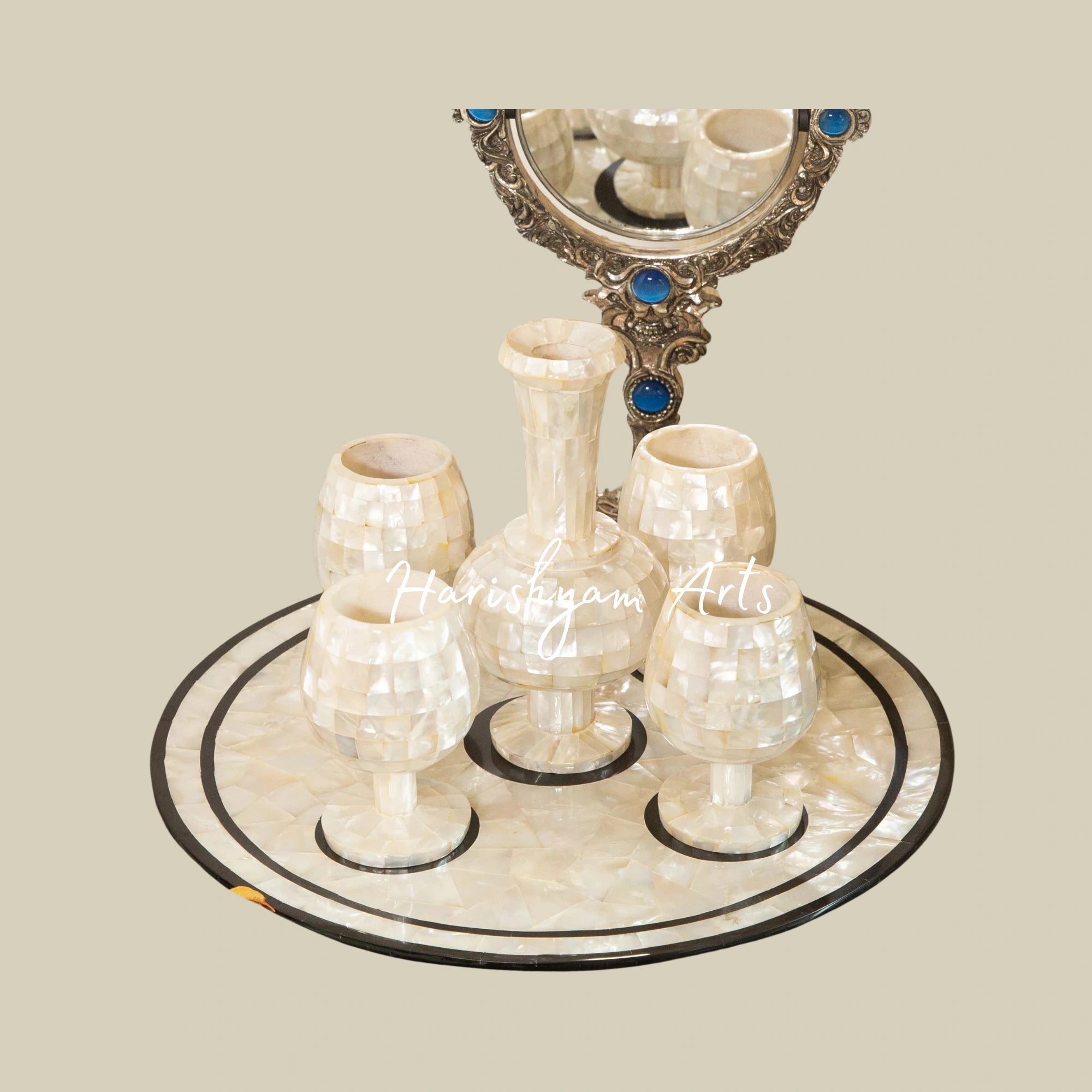 Traditional Indian Marble Surahi and Glass Set Handcrafted Elegance