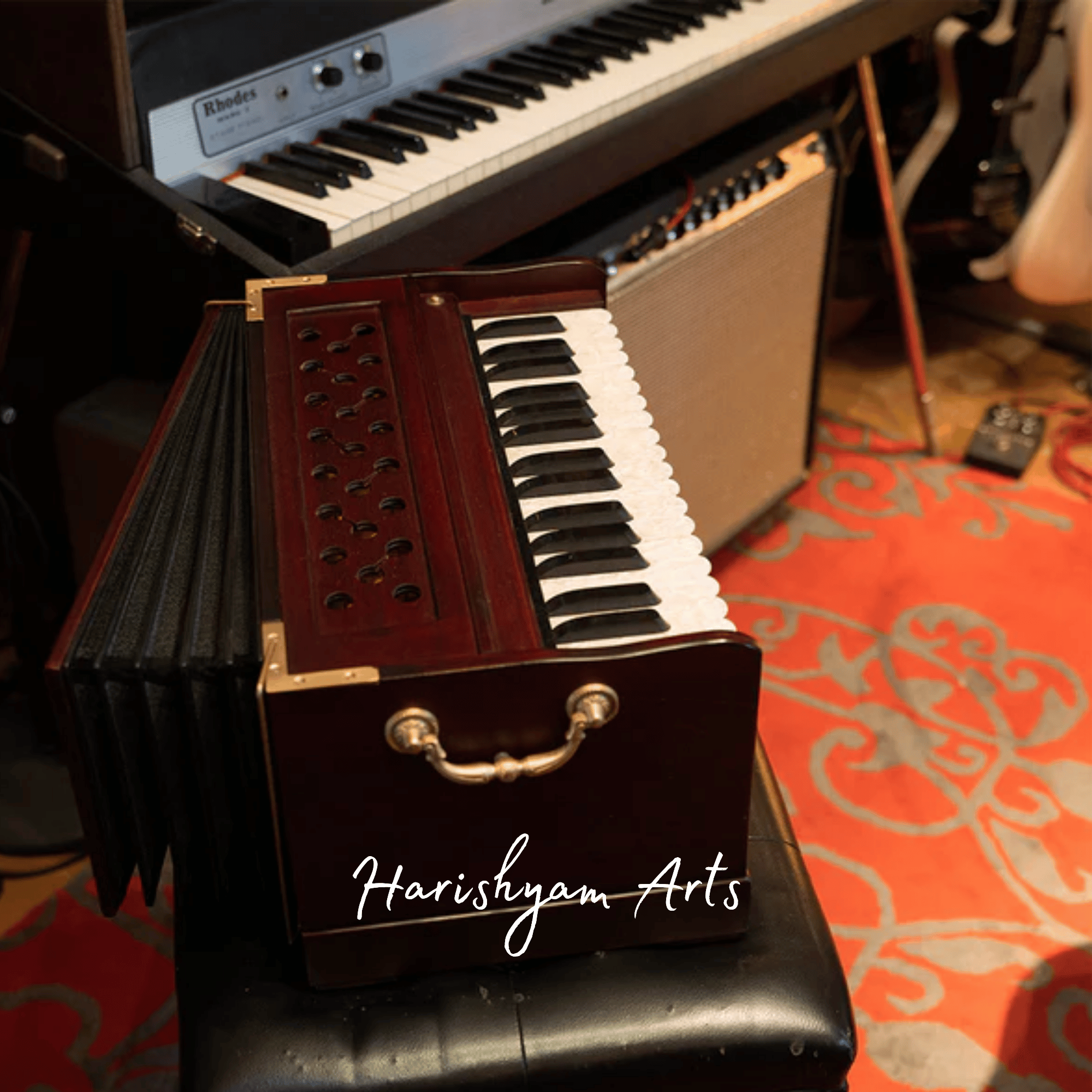 Traditional Mahogany Harmonium with Bellows for Devotional and Classical Use