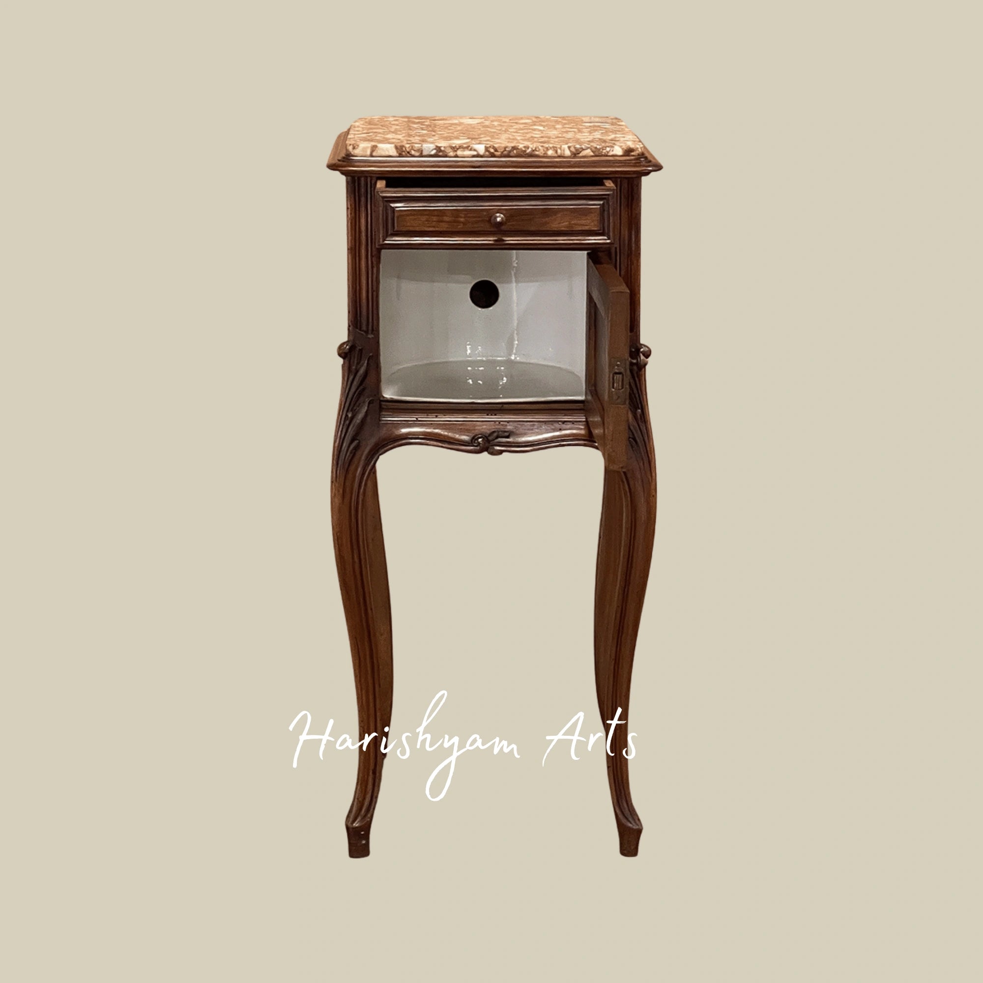 Traditional Marble Top Bedside Table with Antique Wooden Finish