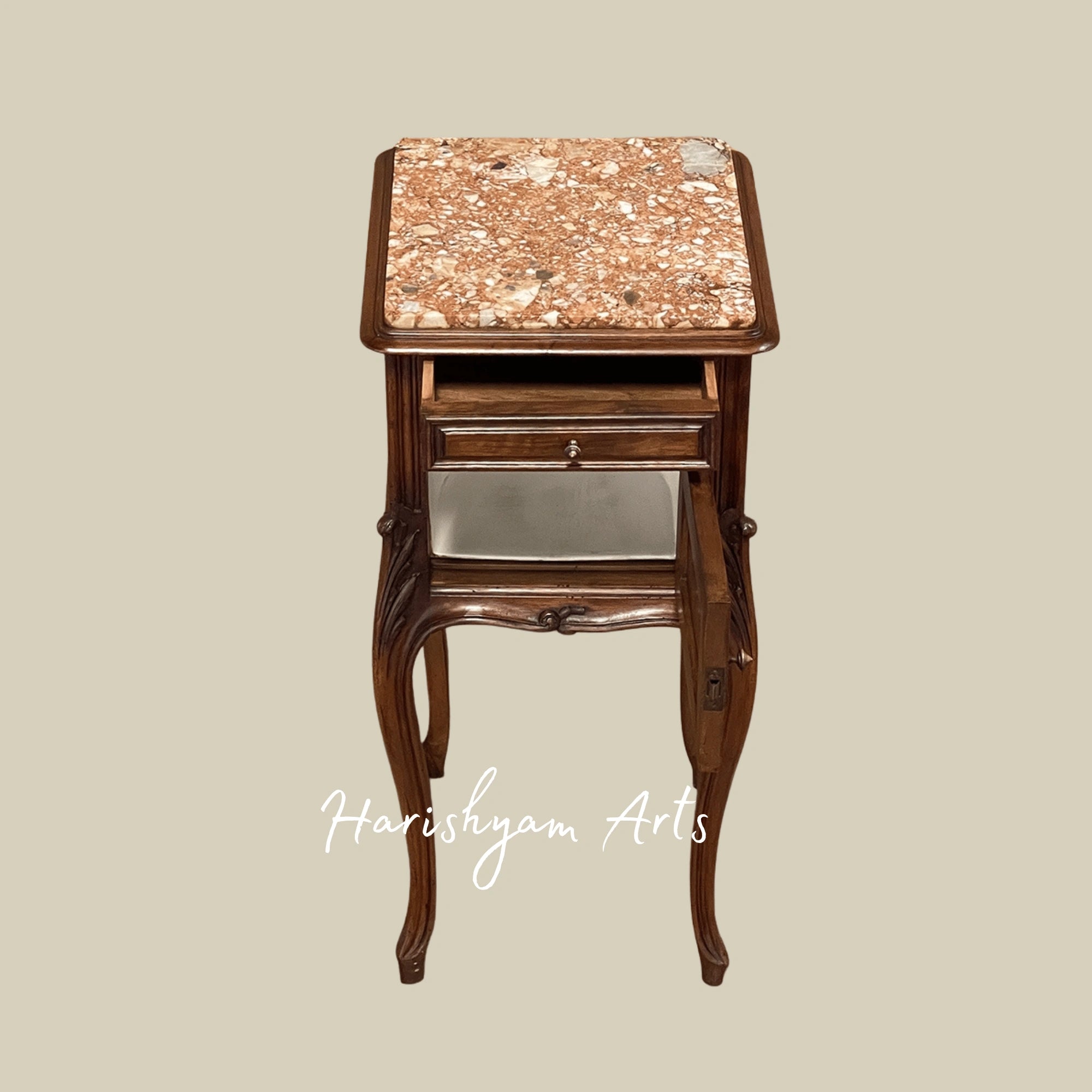 Traditional Marble Top Bedside Table with Antique Wooden Finish