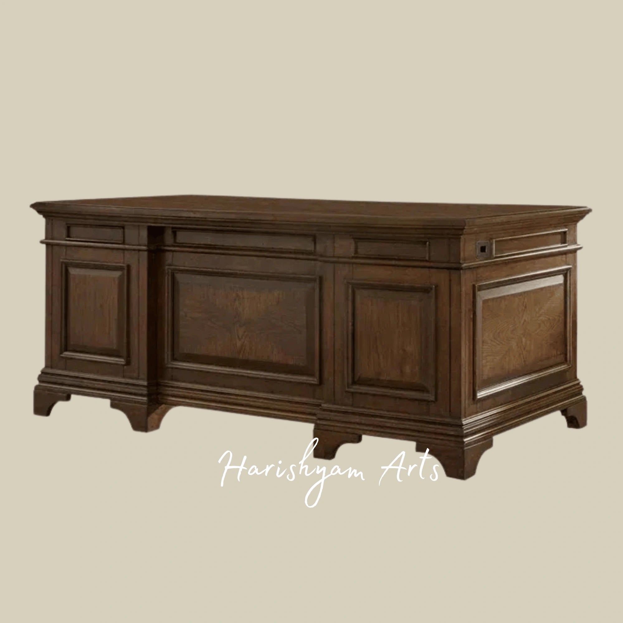 Traditional Wooden Office Desk with Classic Panel Design and Ample Storage for Home and Workspaces