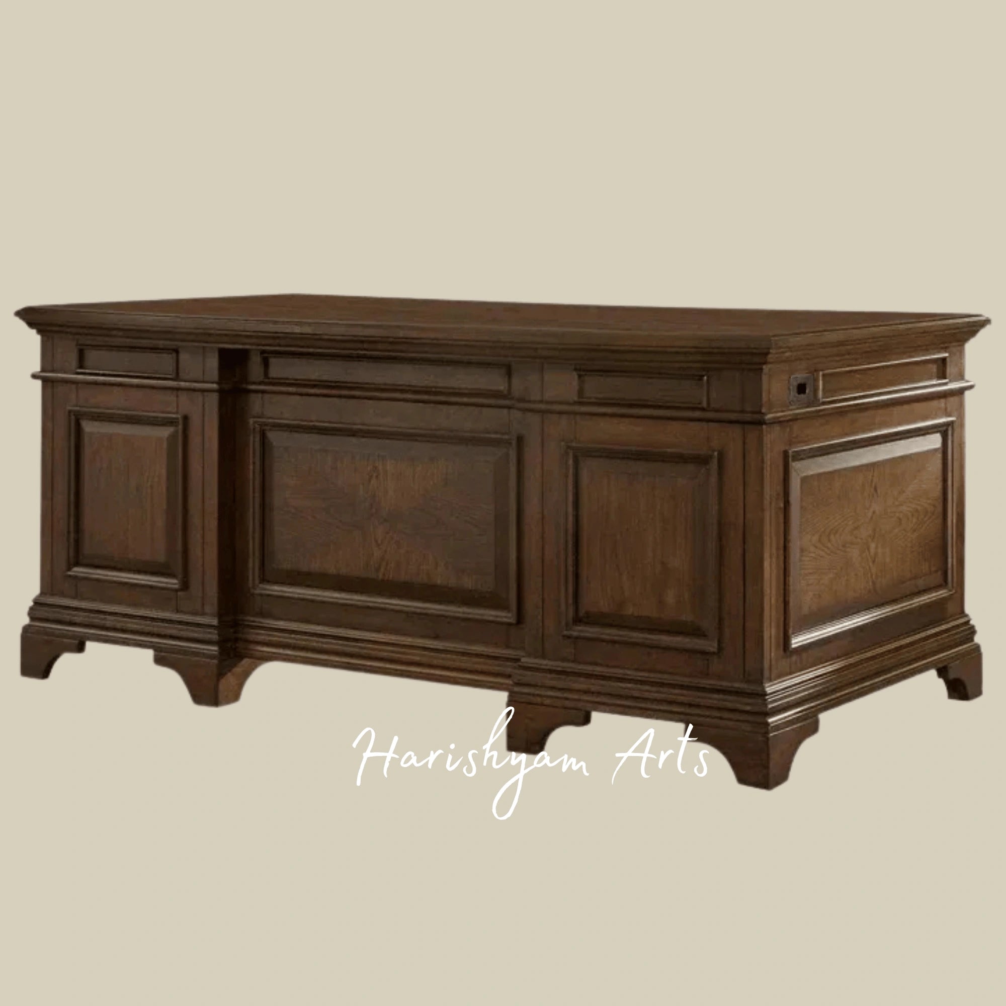 Traditional Wooden Office Desk with Classic Panel Design and Ample Storage for Home and Workspaces