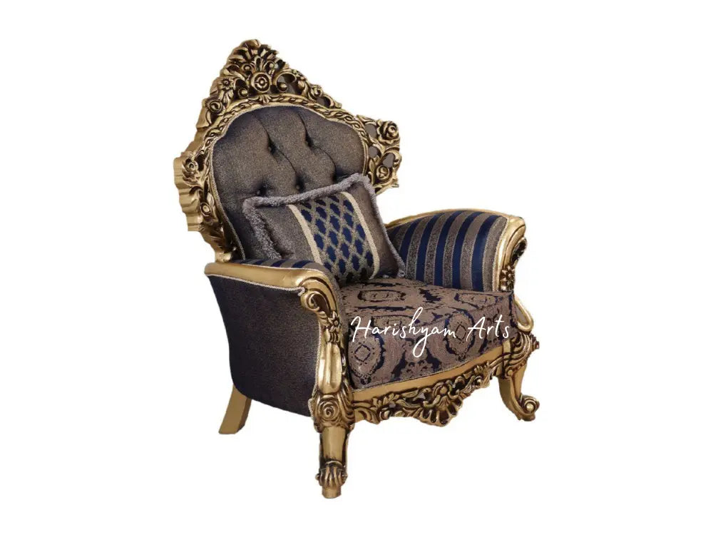 Victoria Galaxy Home Traditional Classic 2-Piece Navy & Gold Chenille Sofa Set with Armchair