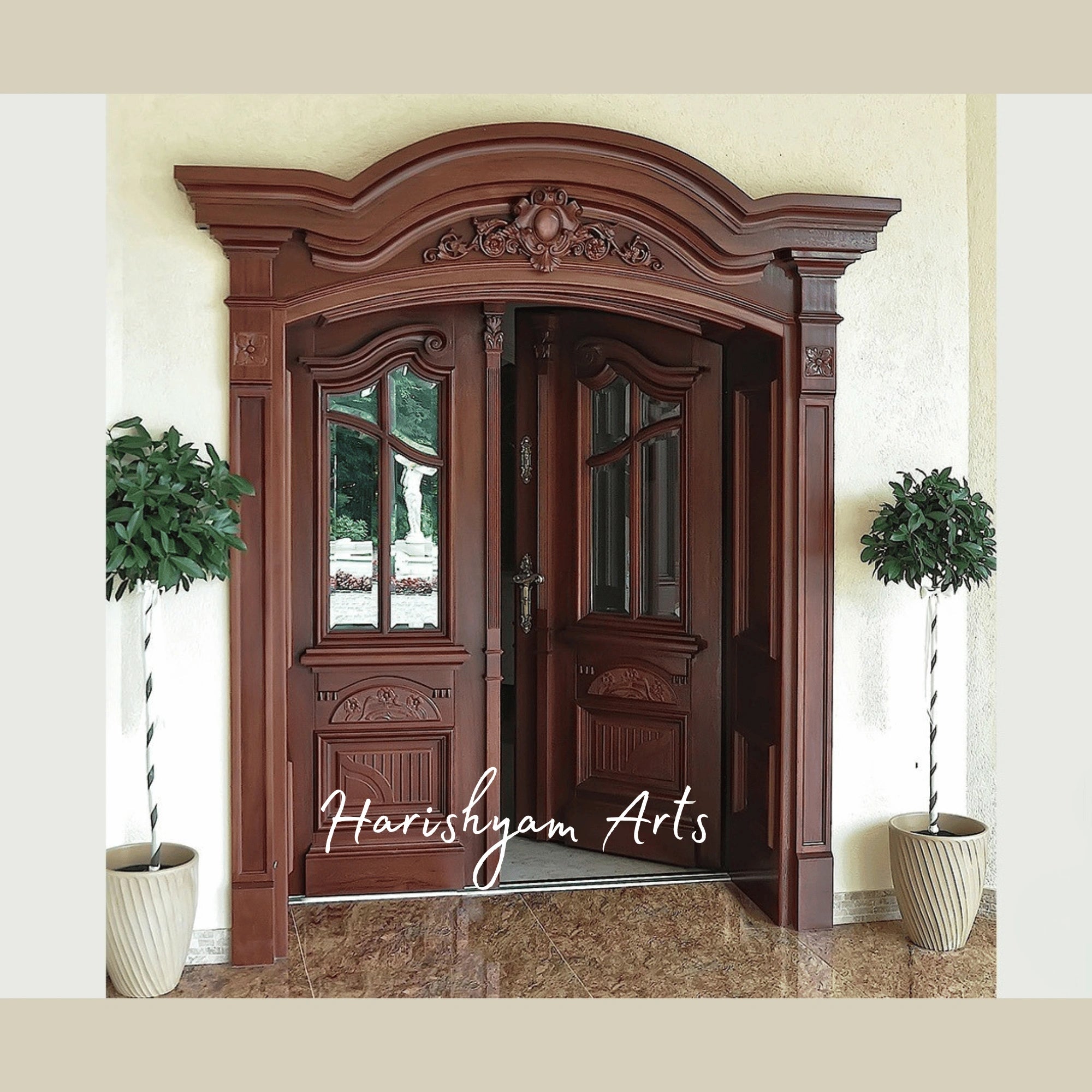 Victorian Royal Double Door – Ornate Solid Wood Entrance with Arched Crown, Designer Glass Panels & Handcrafted Classical Detailing1