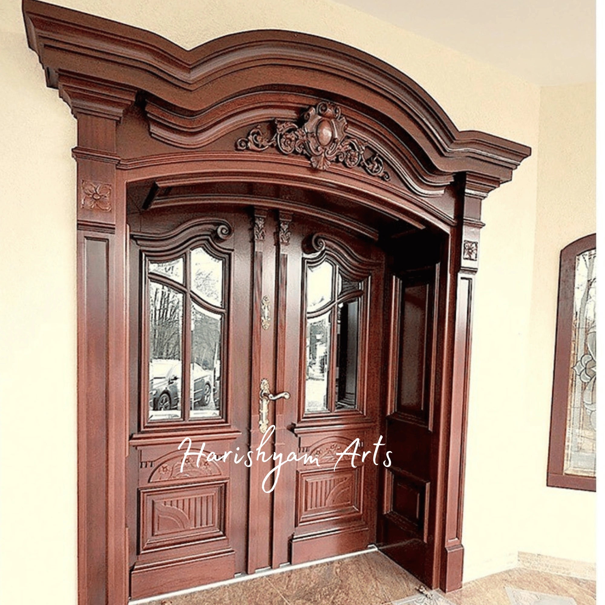 Victorian Royal Double Door – Ornate Solid Wood Entrance with Arched Crown, Designer Glass Panels & Handcrafted Classical Detailing2