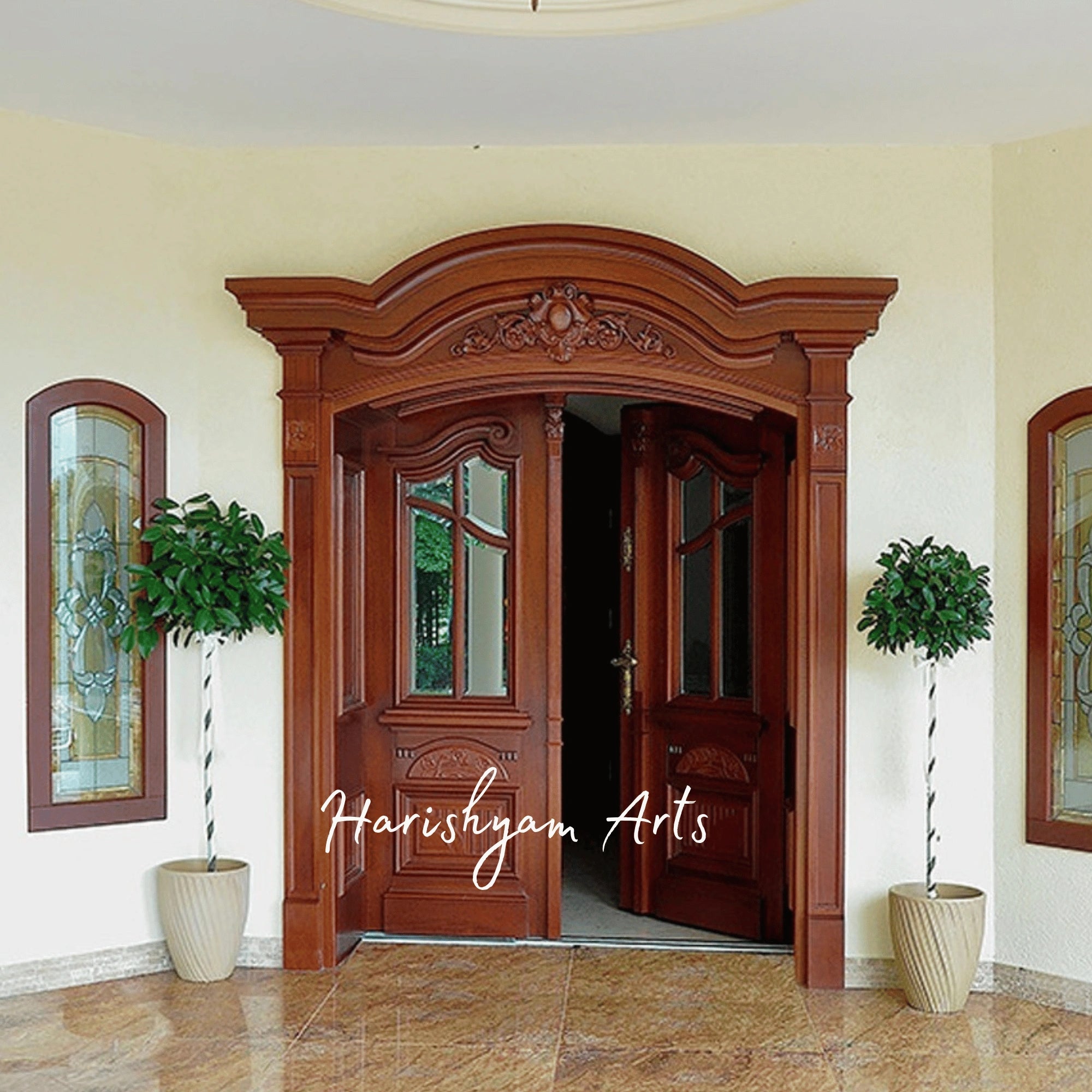 Victorian Royal Double Door – Ornate Solid Wood Entrance with Arched Crown, Designer Glass Panels & Handcrafted Classical Detailing3