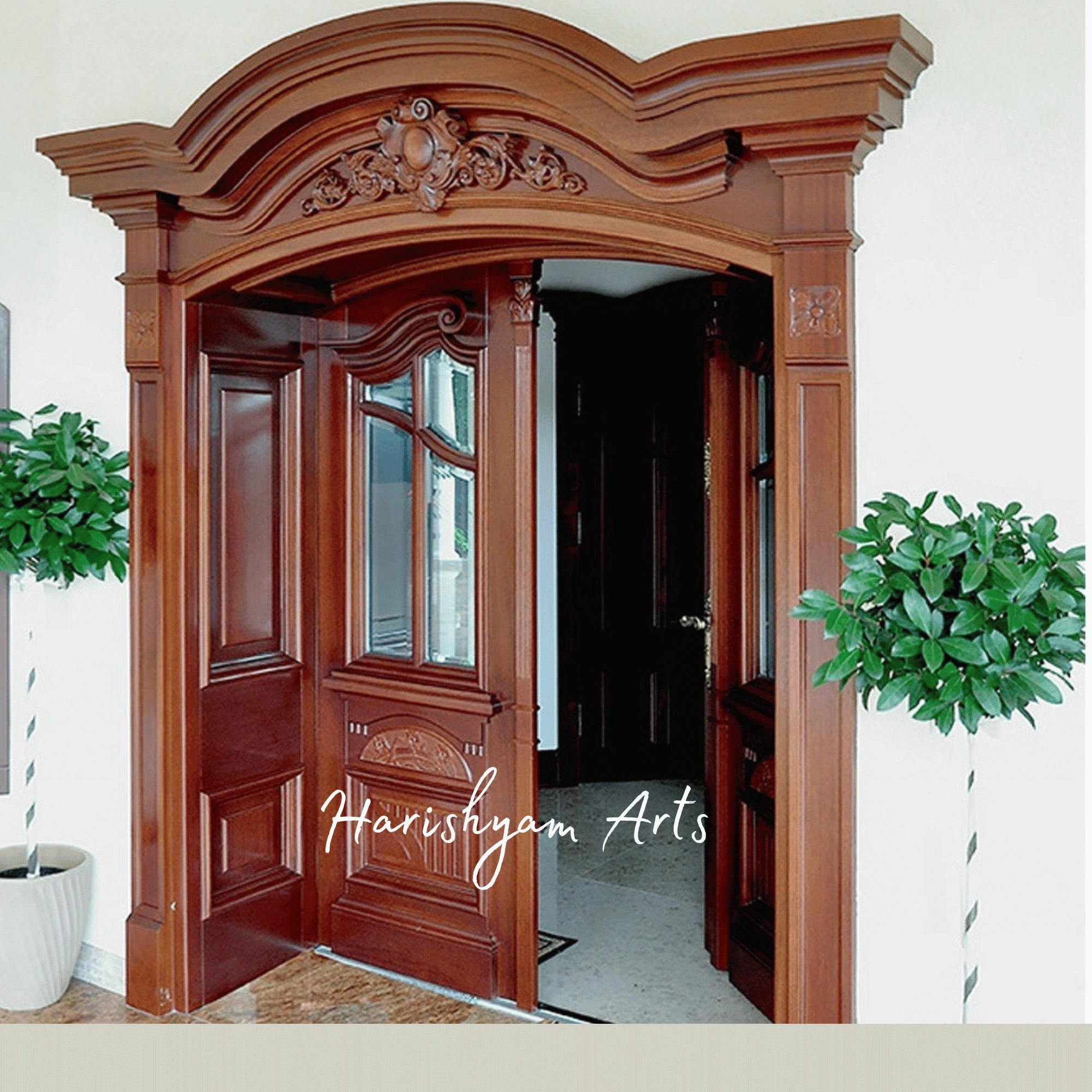 Victorian Royal Double Door – Ornate Solid Wood Entrance with Arched Crown, Designer Glass Panels & Handcrafted Classical Detailing4