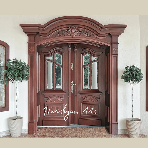 Victorian Royal Double Door – Ornate Solid Wood Entrance with Arched Crown, Designer Glass Panels & Handcrafted Classical Detailing