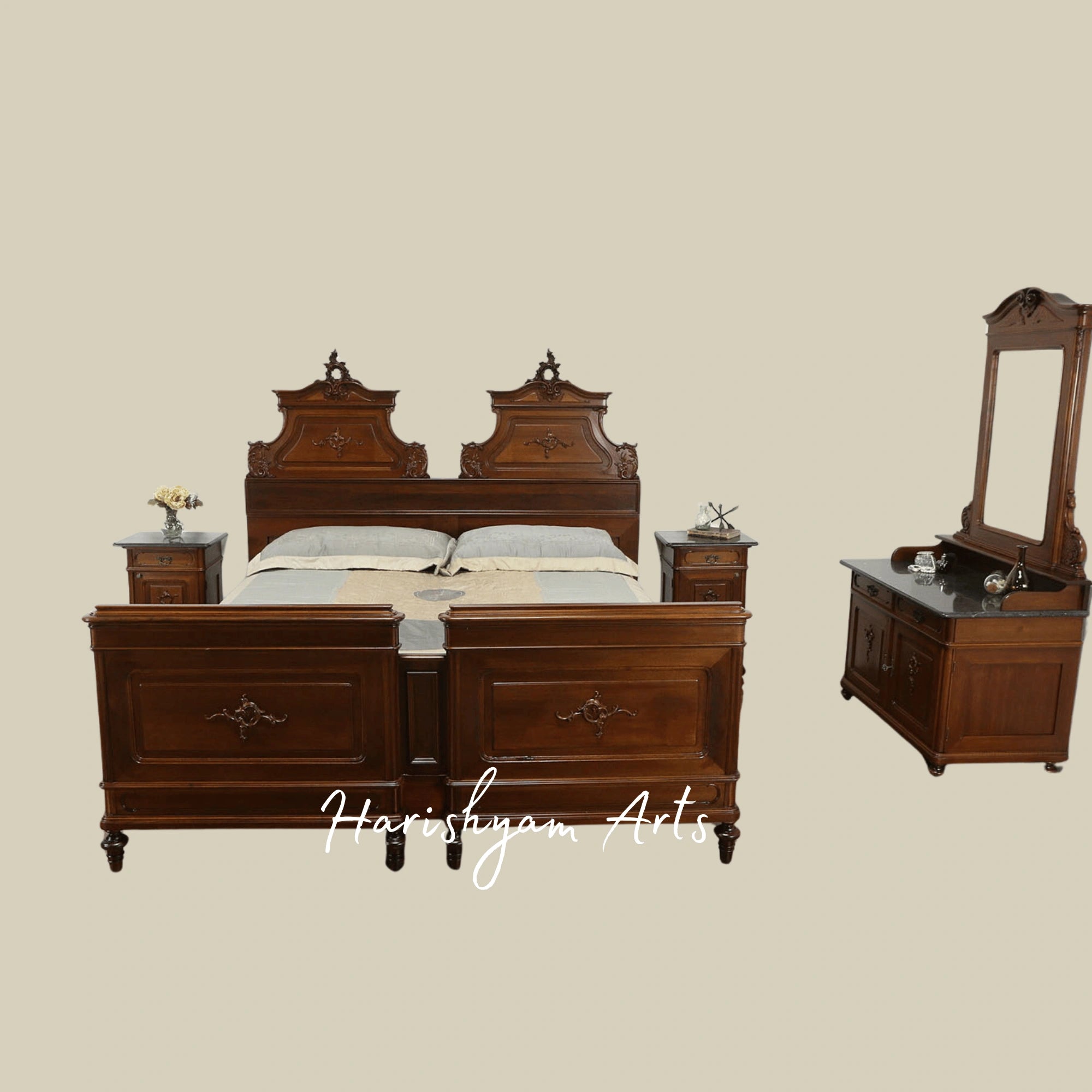 Victorian Royal Wooden Bed Set Antique Carved Bedroom Furniture with Dresser and Nightstands