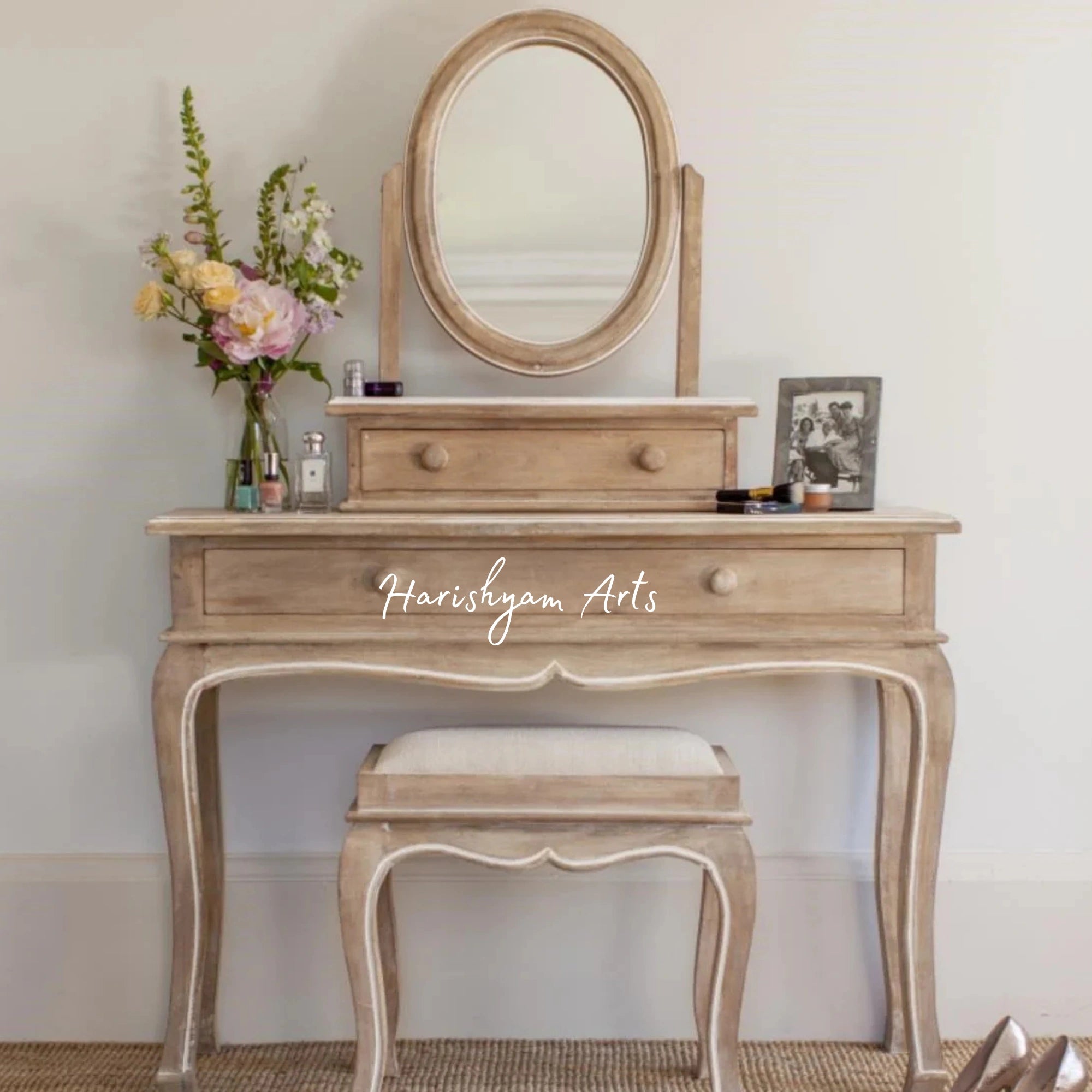 Vintage Elegance Teak Wood Dressing Table with Mirror