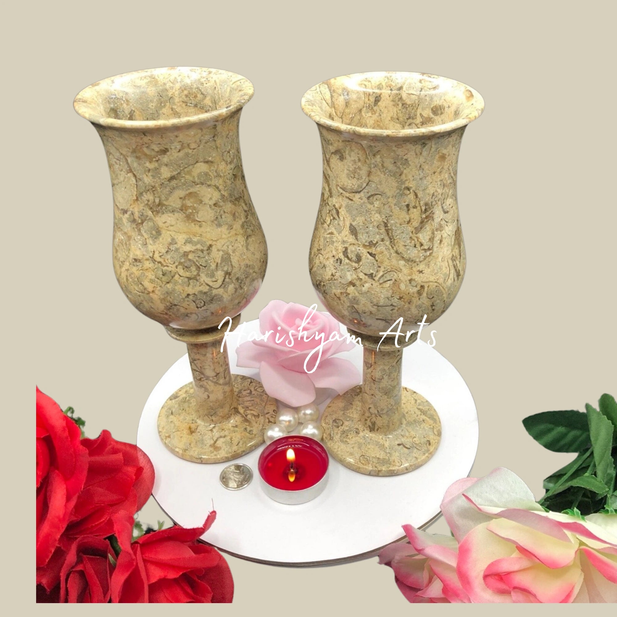 Vintage Fossil Stone Goblet Handcrafted Wine Glass Set of Two