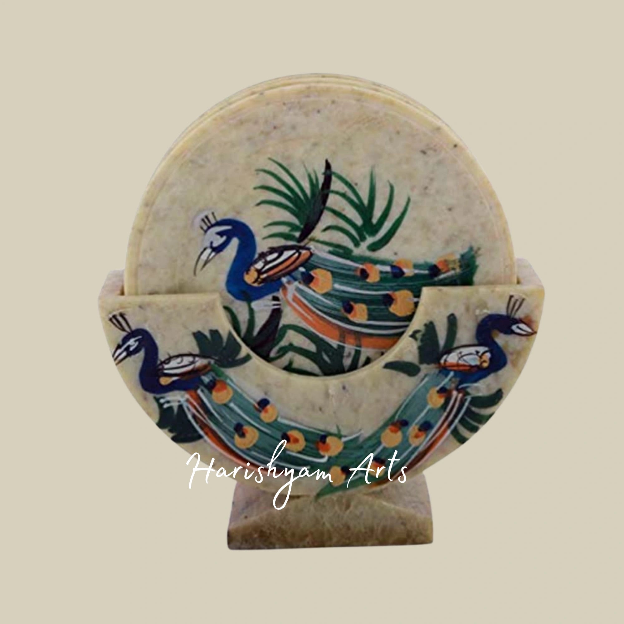 Vintage Handmade Marble Coaster Set Luxurious Peacock Design Drink Coasters