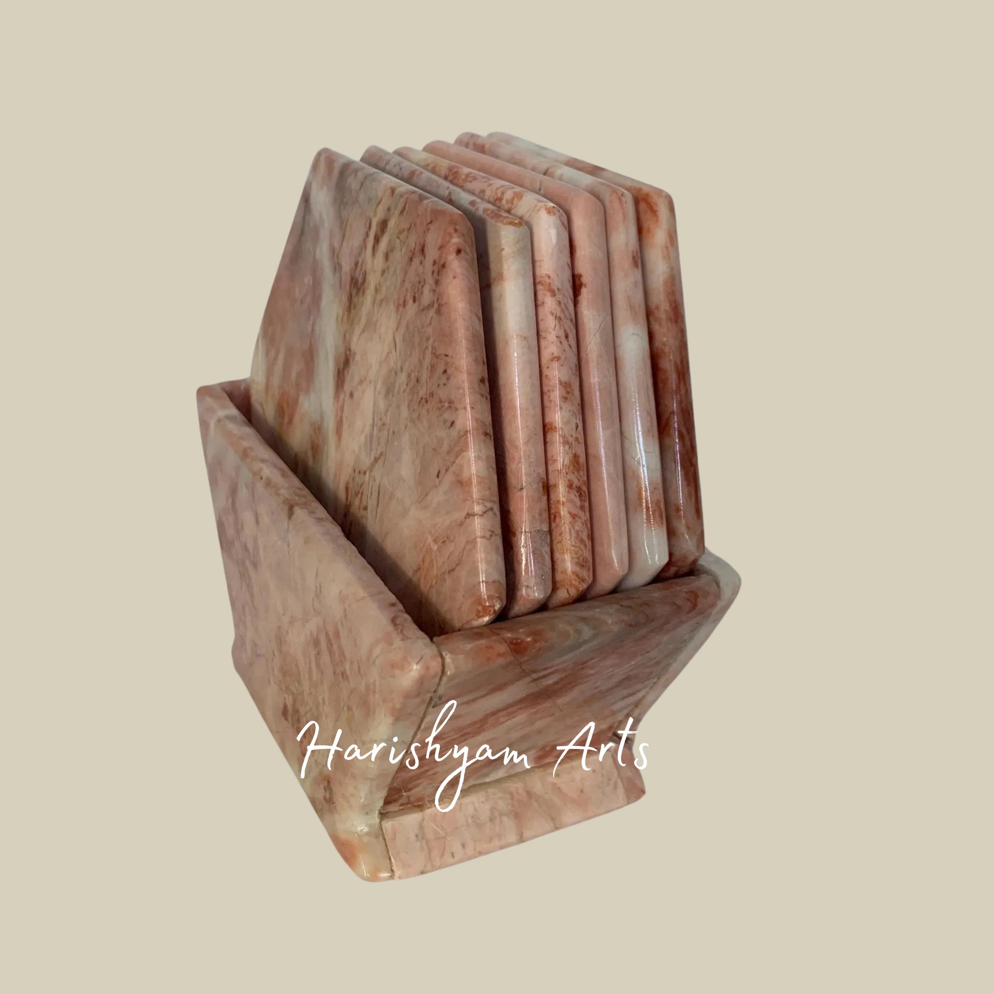 Vintage Pink Marble Hexagonal Coasters Set of 6 Natural Stone Coasters with Caddy