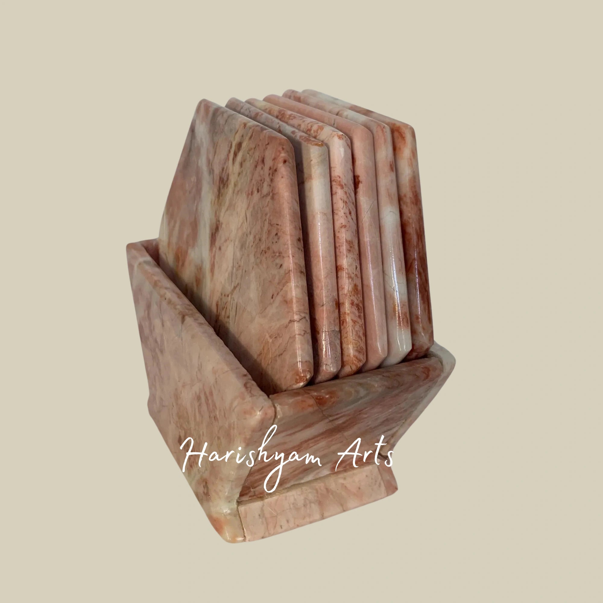 Vintage Pink Marble Hexagonal Coasters Set of 6 Natural Stone Coasters with Caddy