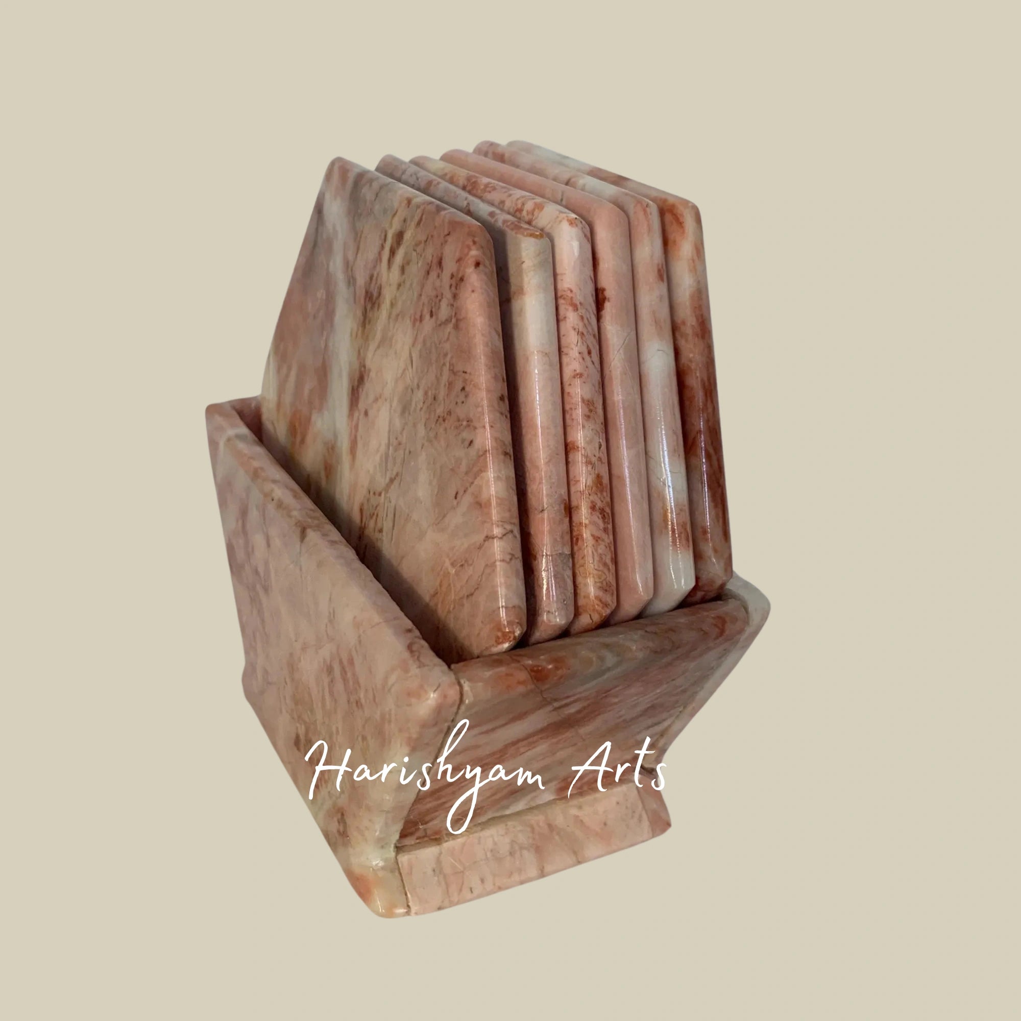 Vintage Pink Marble Hexagonal Coasters Set of 6 Natural Stone Coasters with Caddy