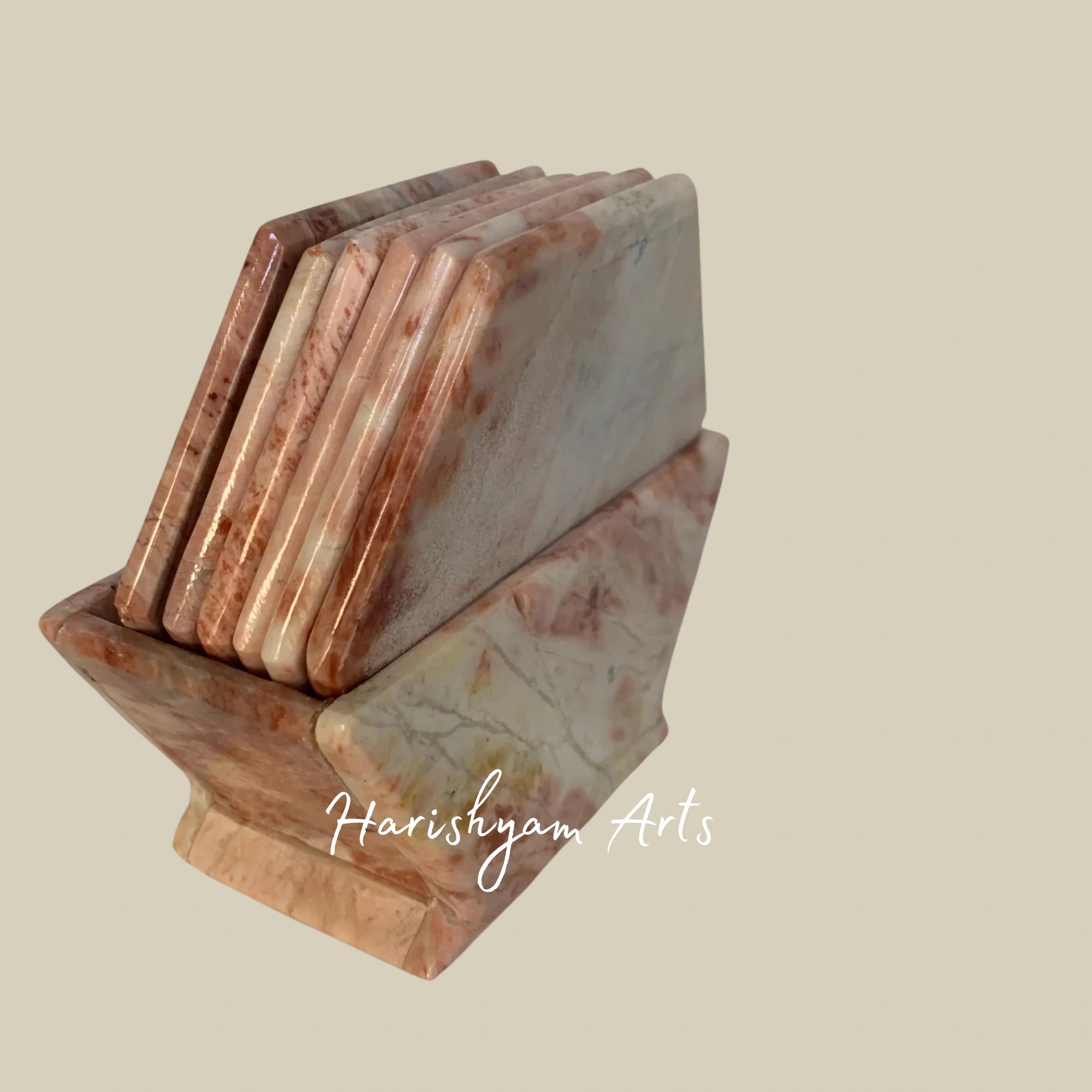 Vintage Pink Marble Hexagonal Coasters Set of 6 Natural Stone Coasters with Caddy