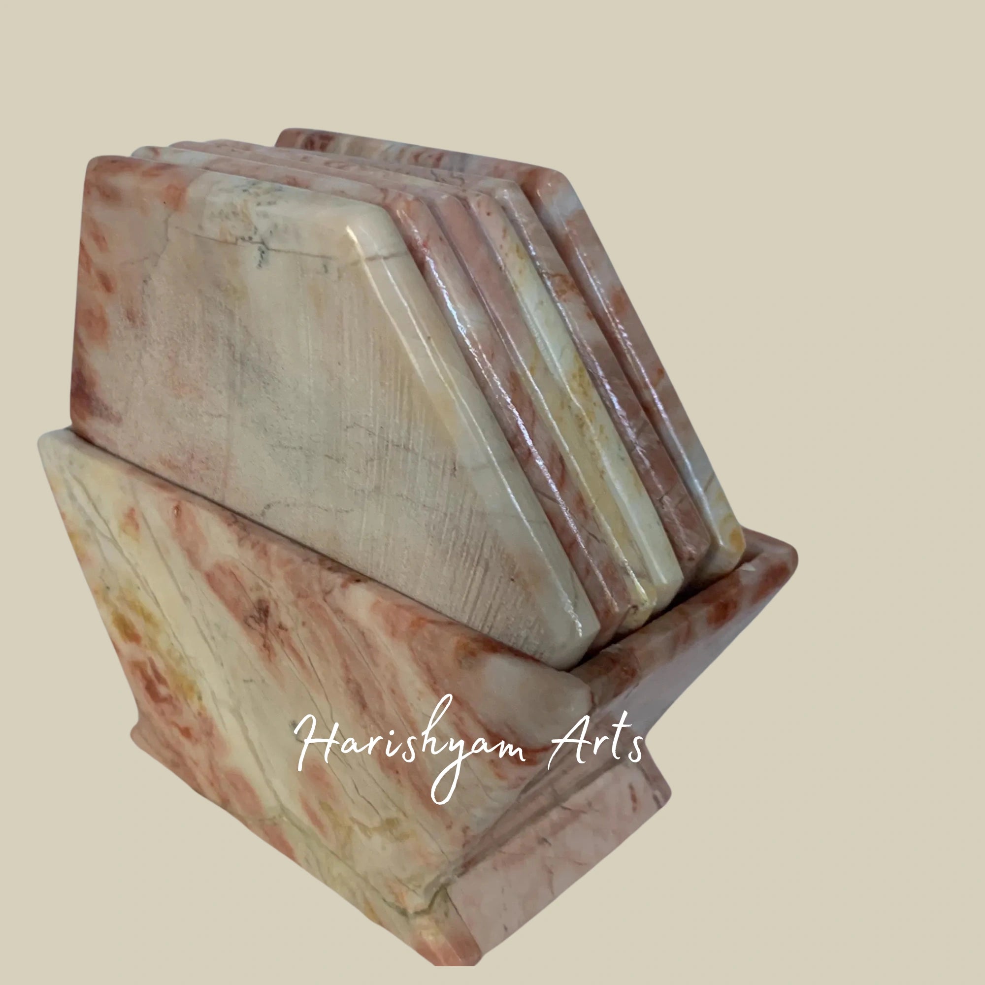 Vintage Pink Marble Hexagonal Coasters Set of 6 Natural Stone Coasters with Caddy