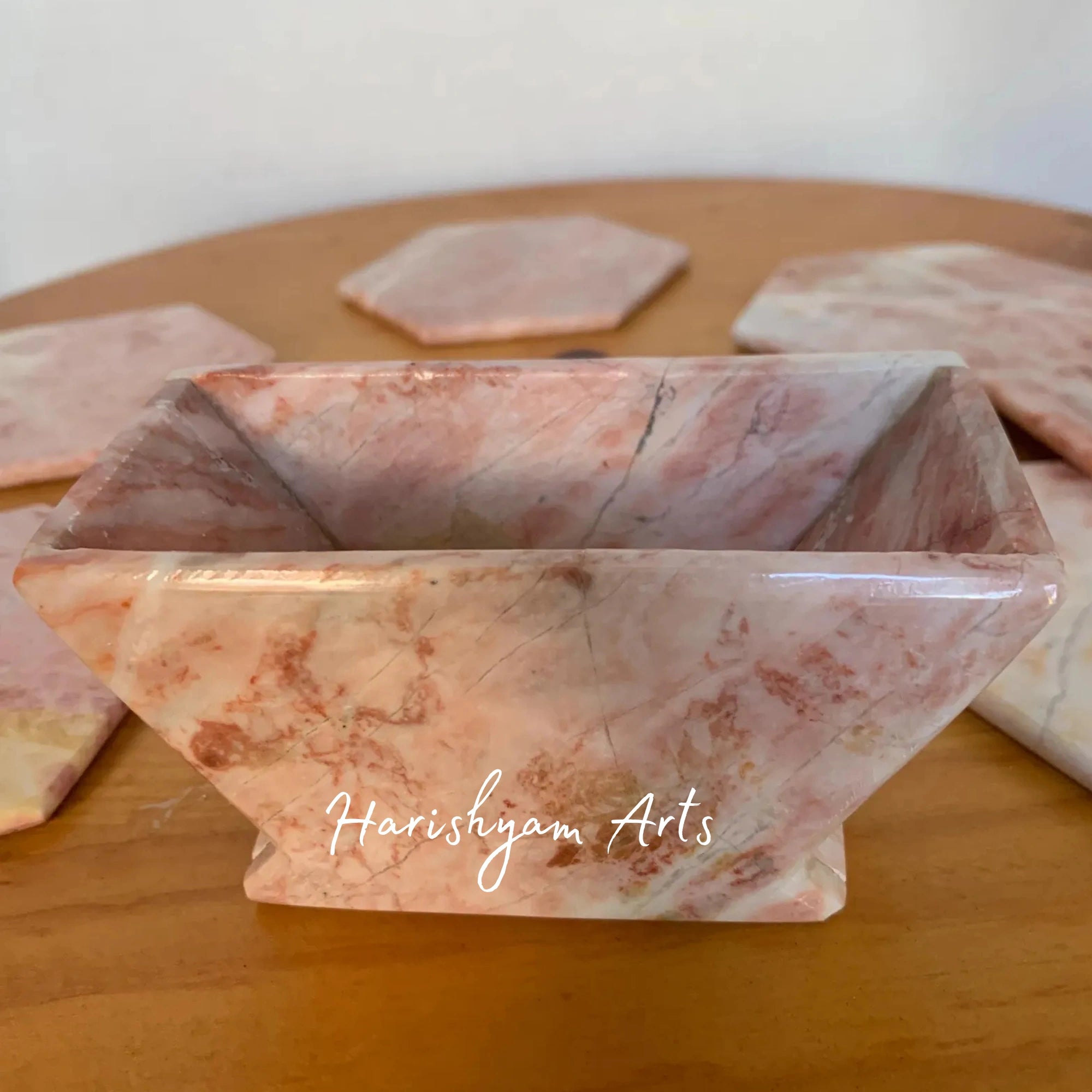 Vintage Pink Marble Hexagonal Coasters Set of 6 Natural Stone Coasters with Caddy