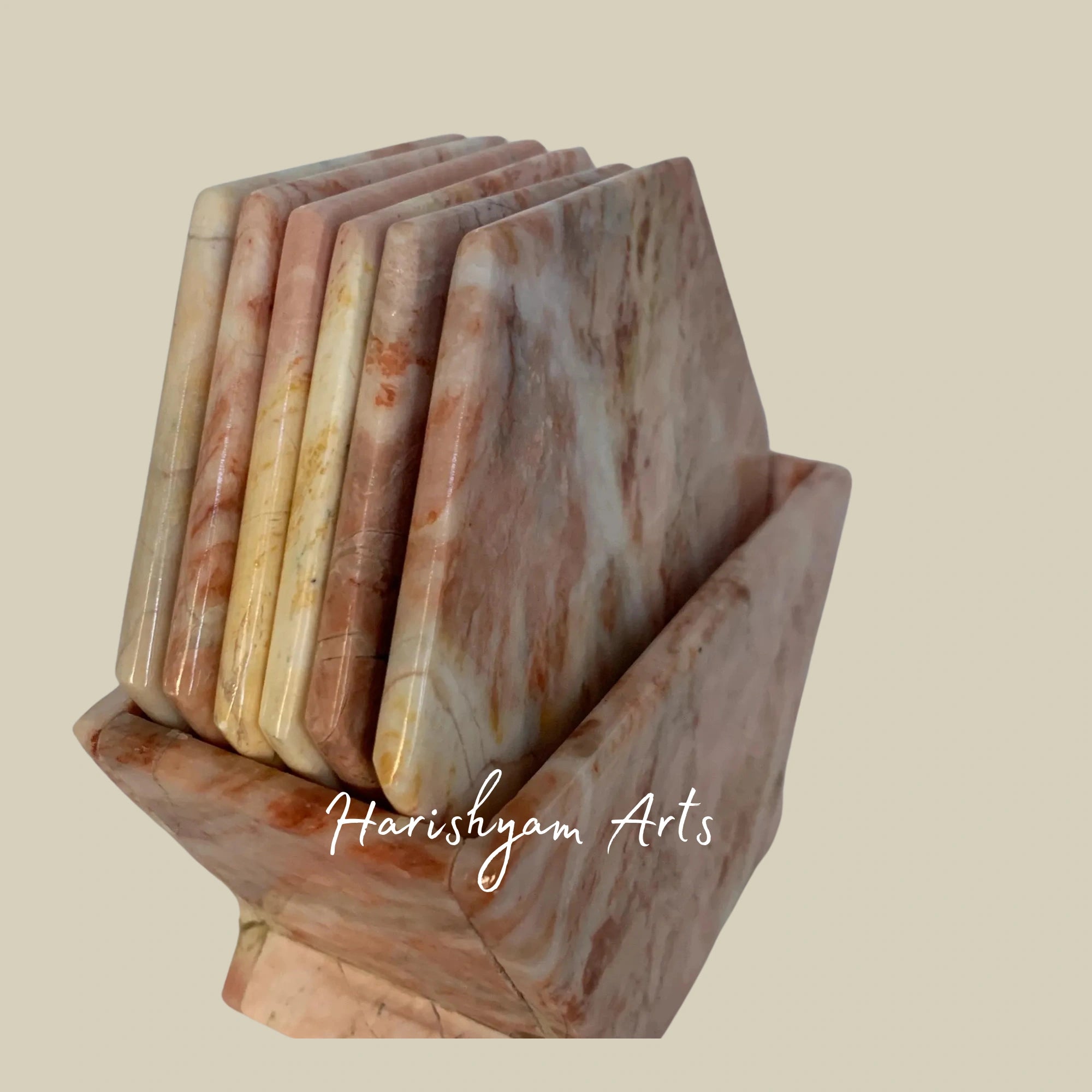 Vintage Pink Marble Hexagonal Coasters Set of 6 Natural Stone Coasters with Caddy