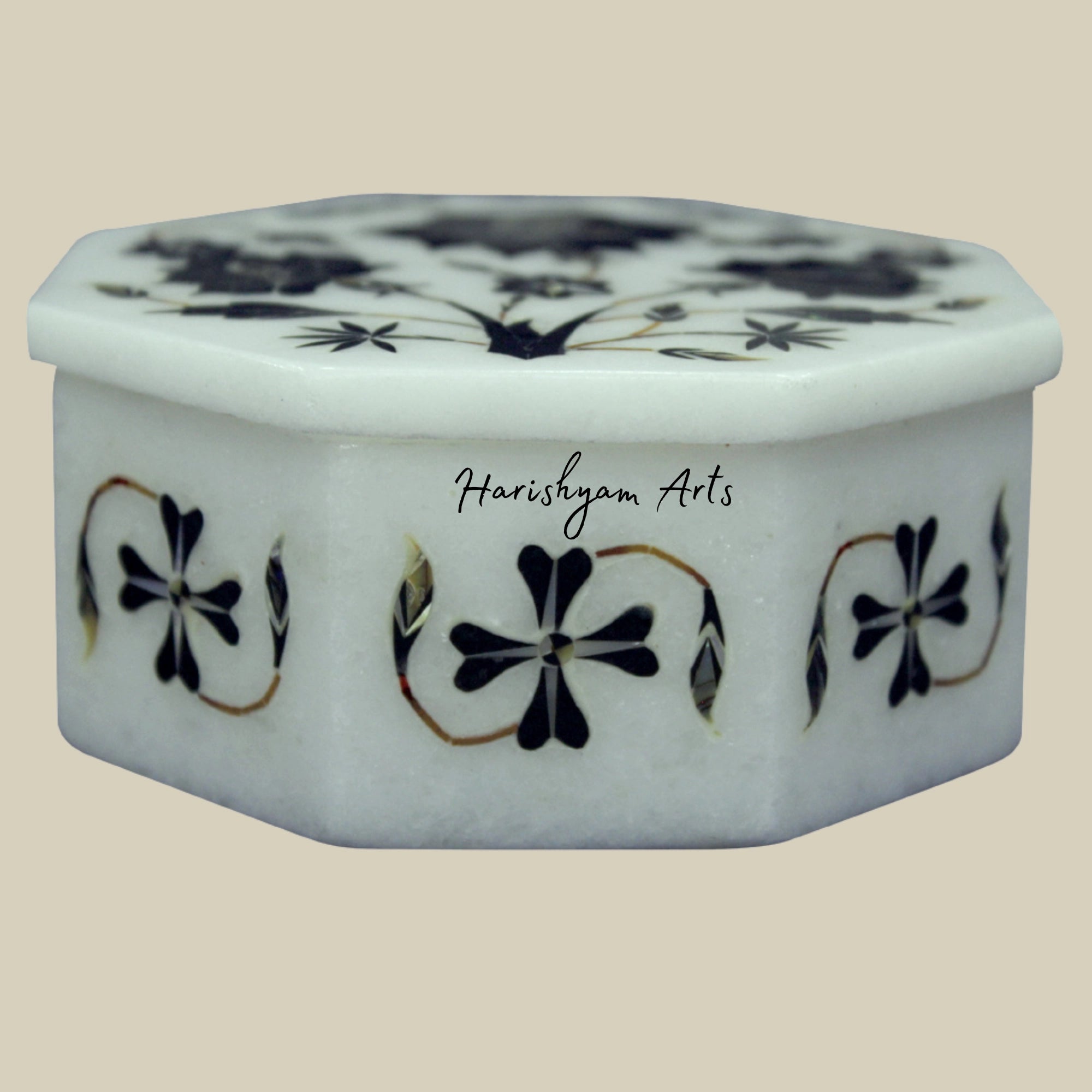 Vintage Moroccan Marble Inlay Jewelry Box with Black Onyx Floral Art