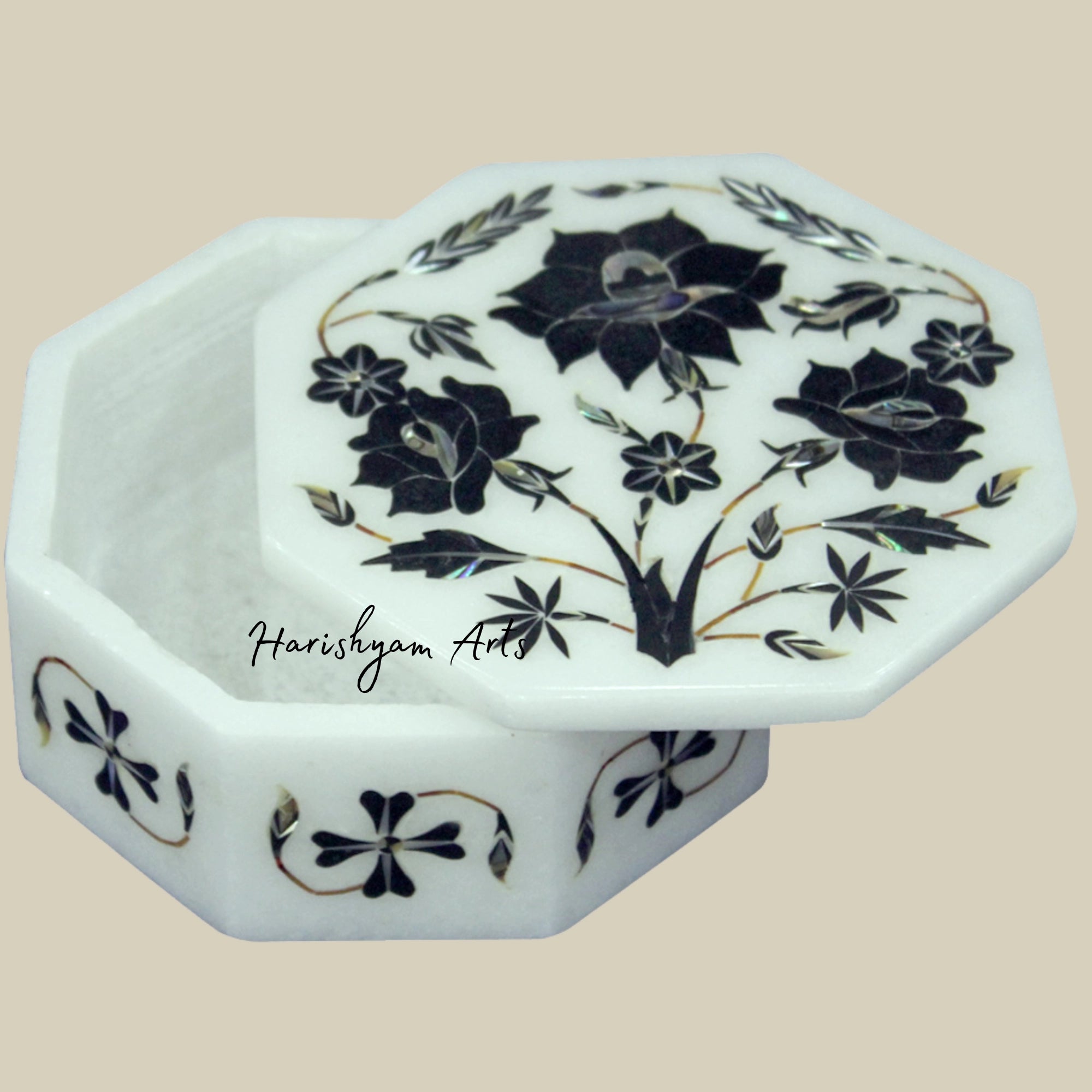 Vintage Moroccan Marble Inlay Jewelry Box with Black Onyx Floral Art2