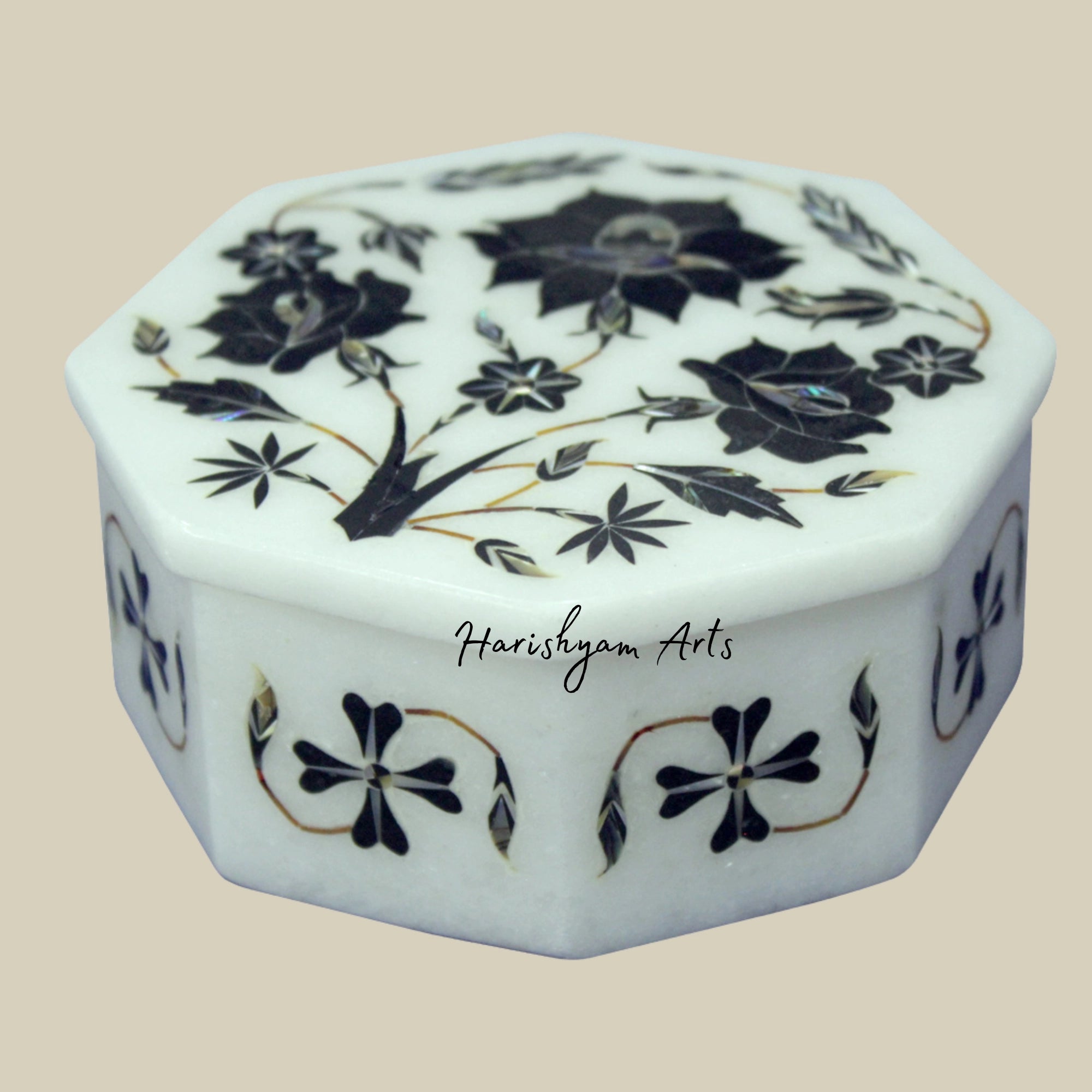 Vintage Moroccan Marble Inlay Jewelry Box with Black Onyx Floral Art3
