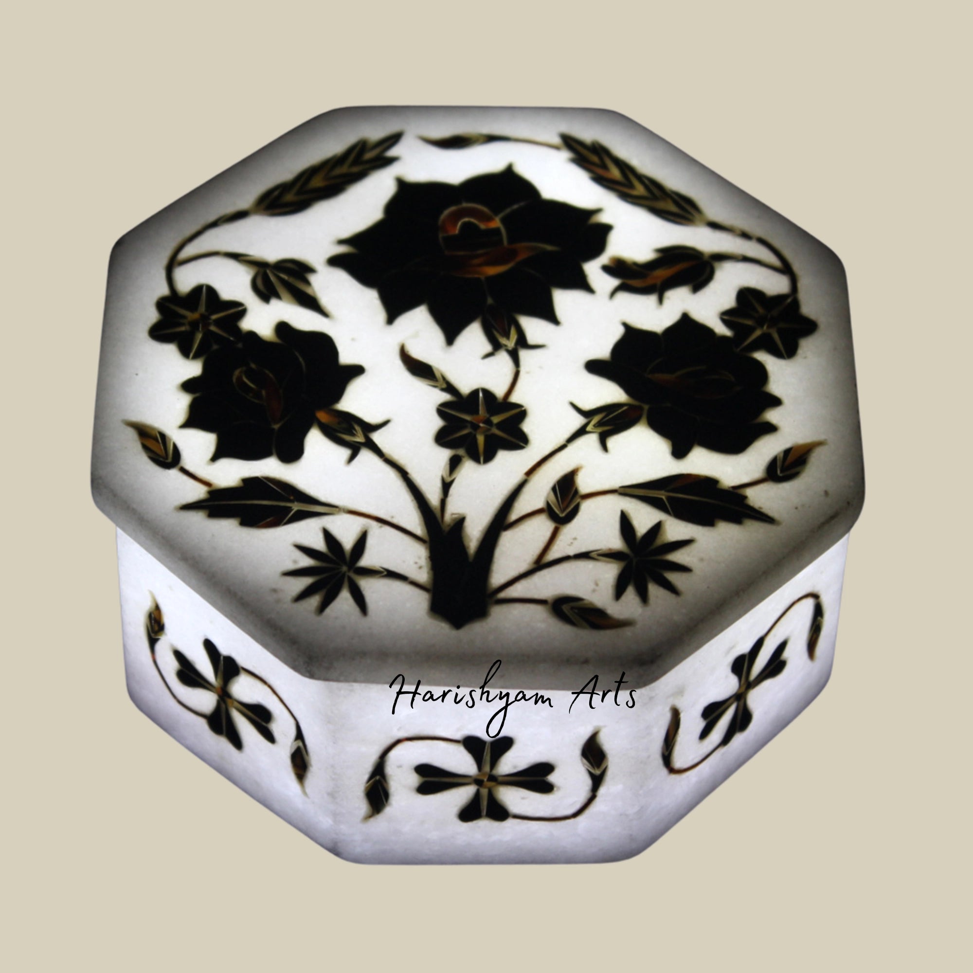 Vintage Moroccan Marble Inlay Jewelry Box with Black Onyx Floral Art4