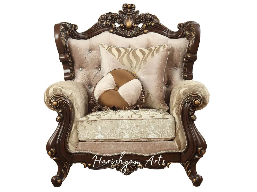 Walnut and Beige Fabric Sofa Set With Armchair