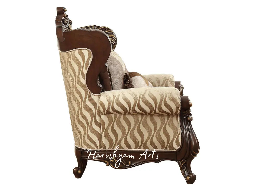 Walnut and Beige Fabric Sofa Set With Armchair