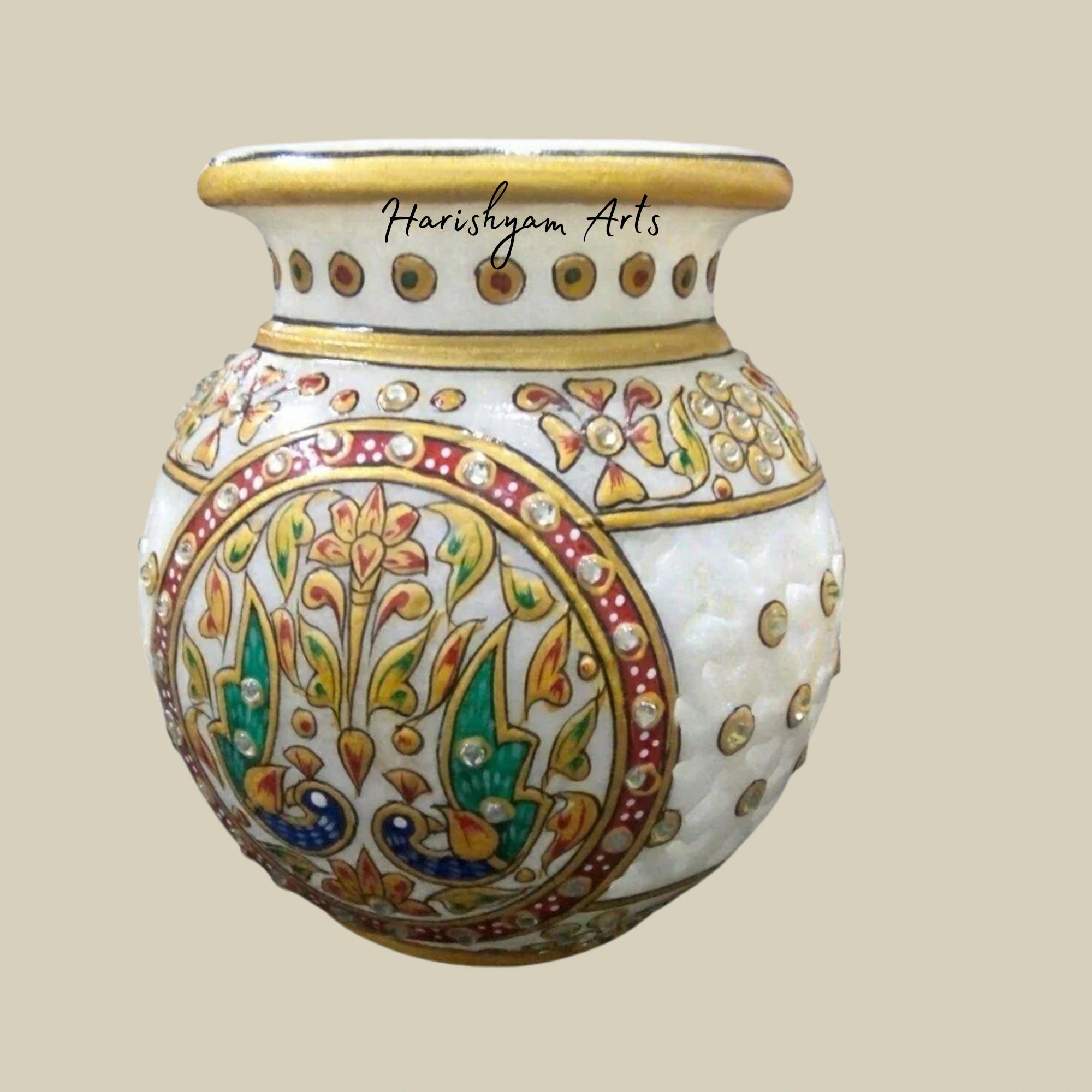 White Marble Lota with Emboss Painted Decorative Cutting