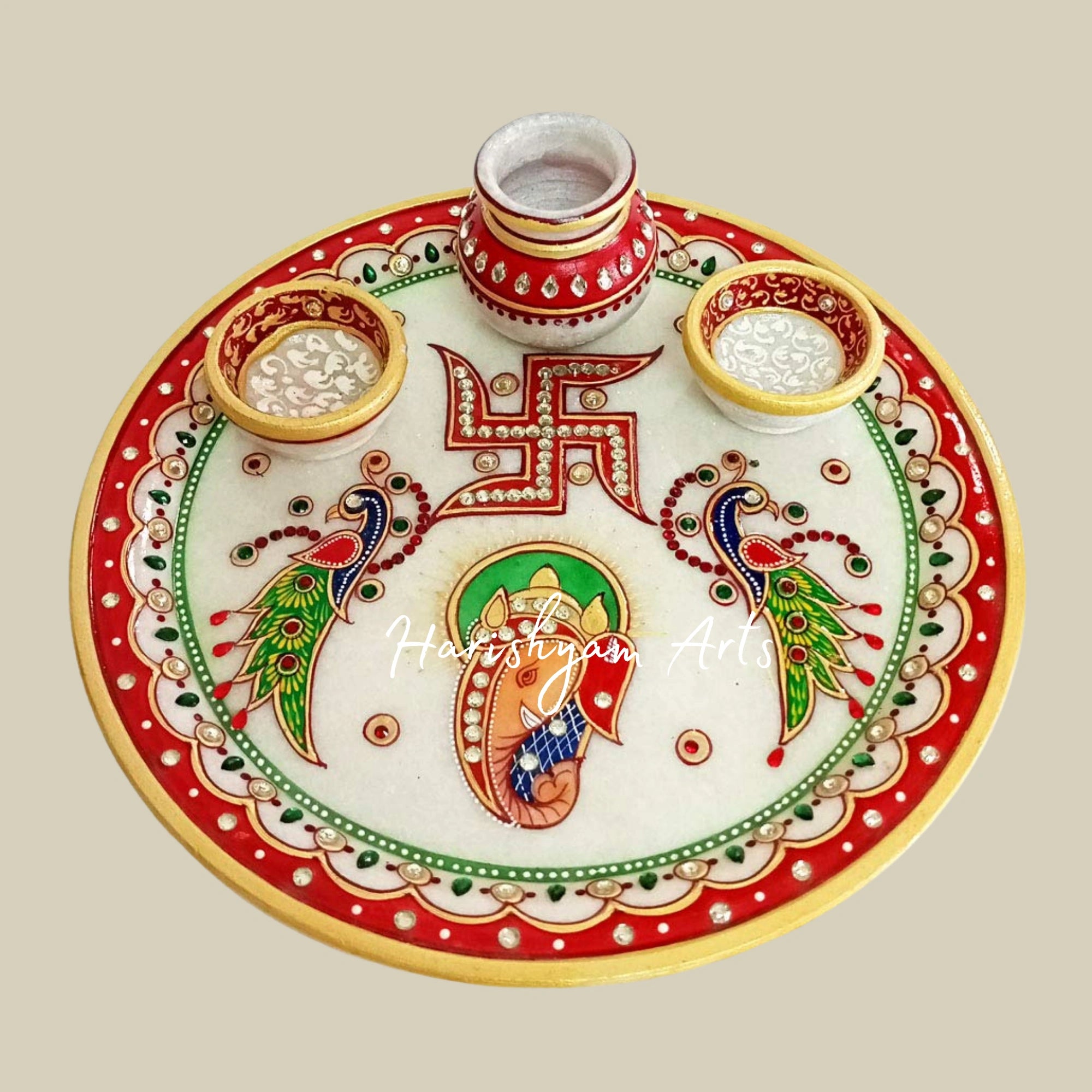 White Marble Puja Plate with Embossed Meenakari Work for Home Mandir and Aarti