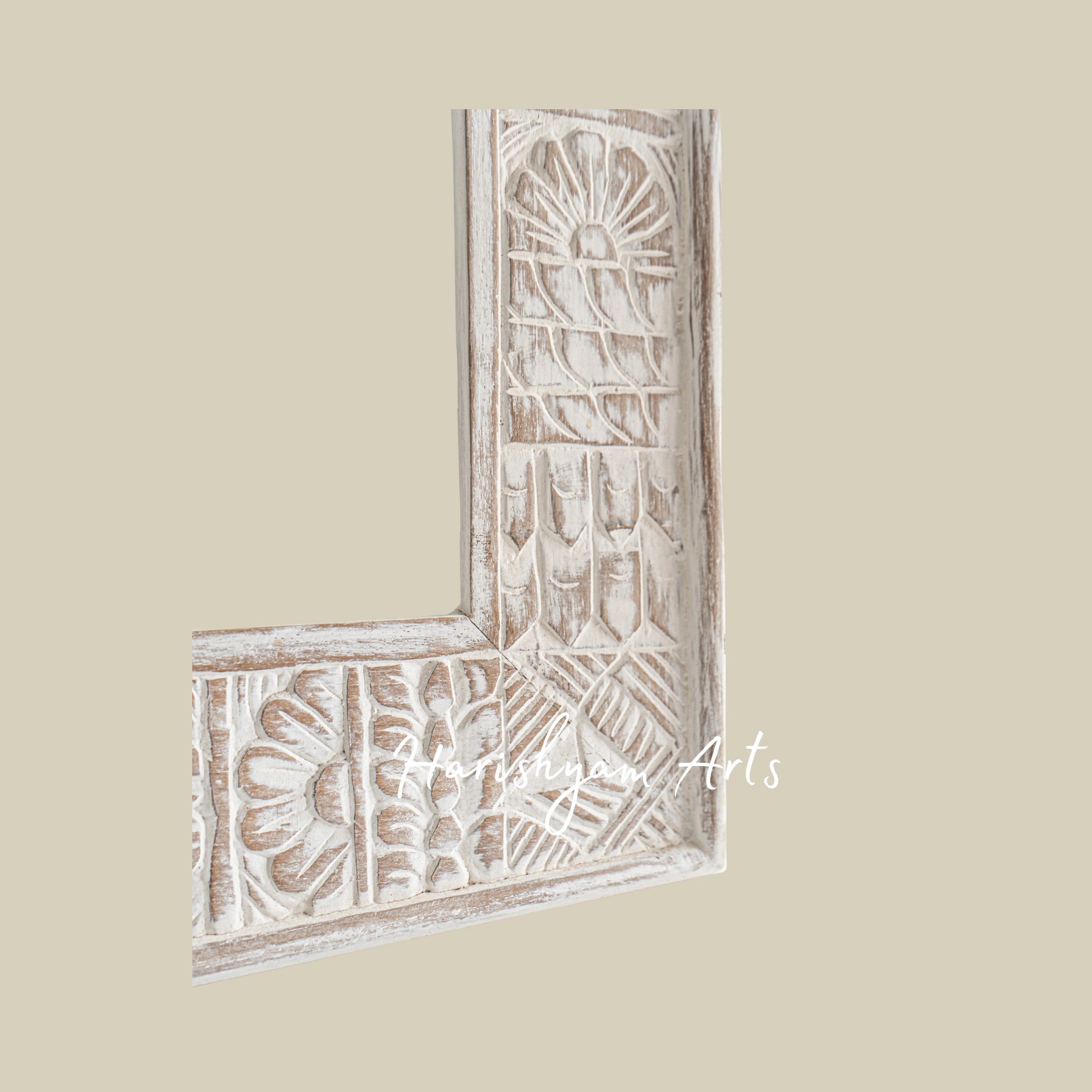 White Tribal Carved Wooden Mirror Frame