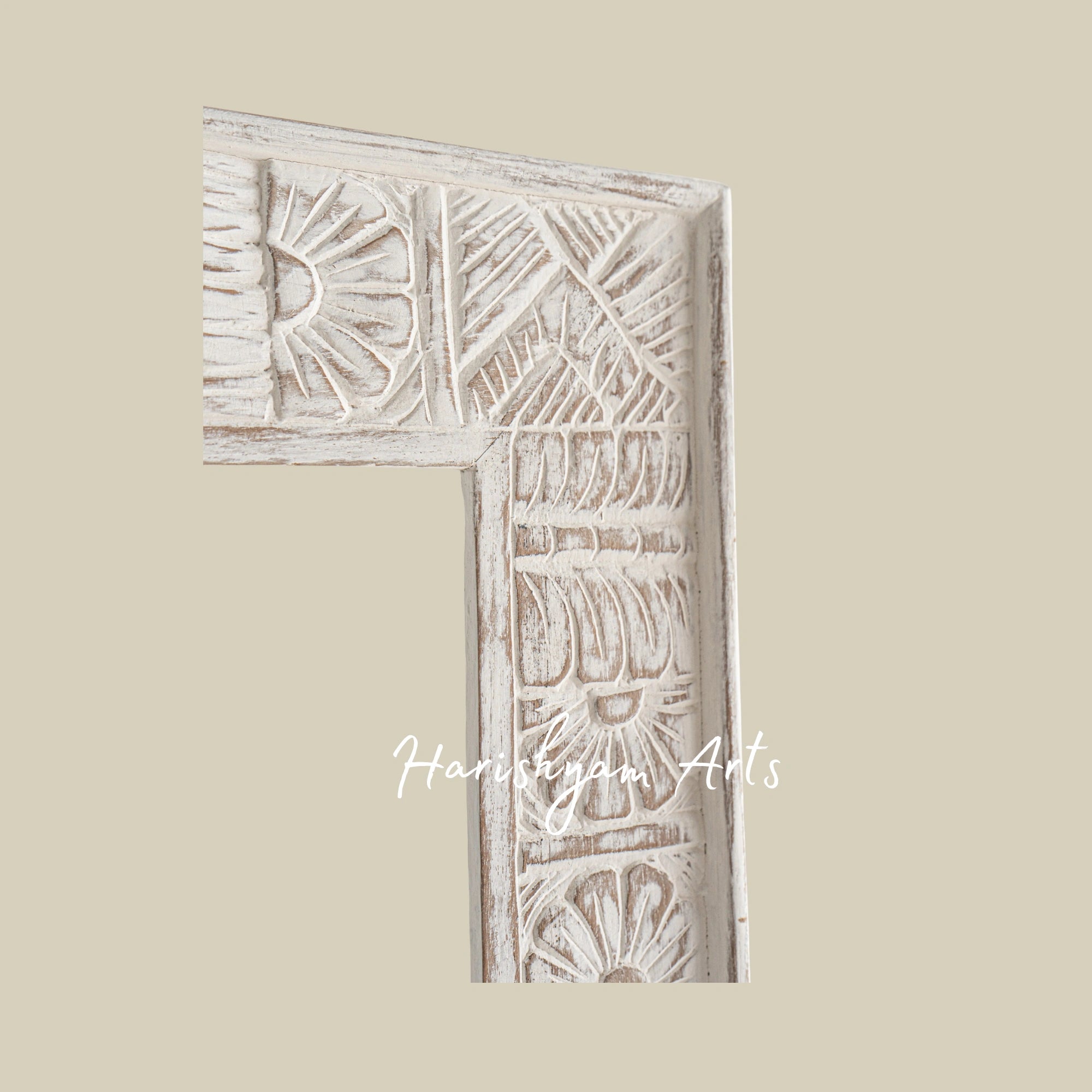 White Tribal Carved Wooden Mirror Frame