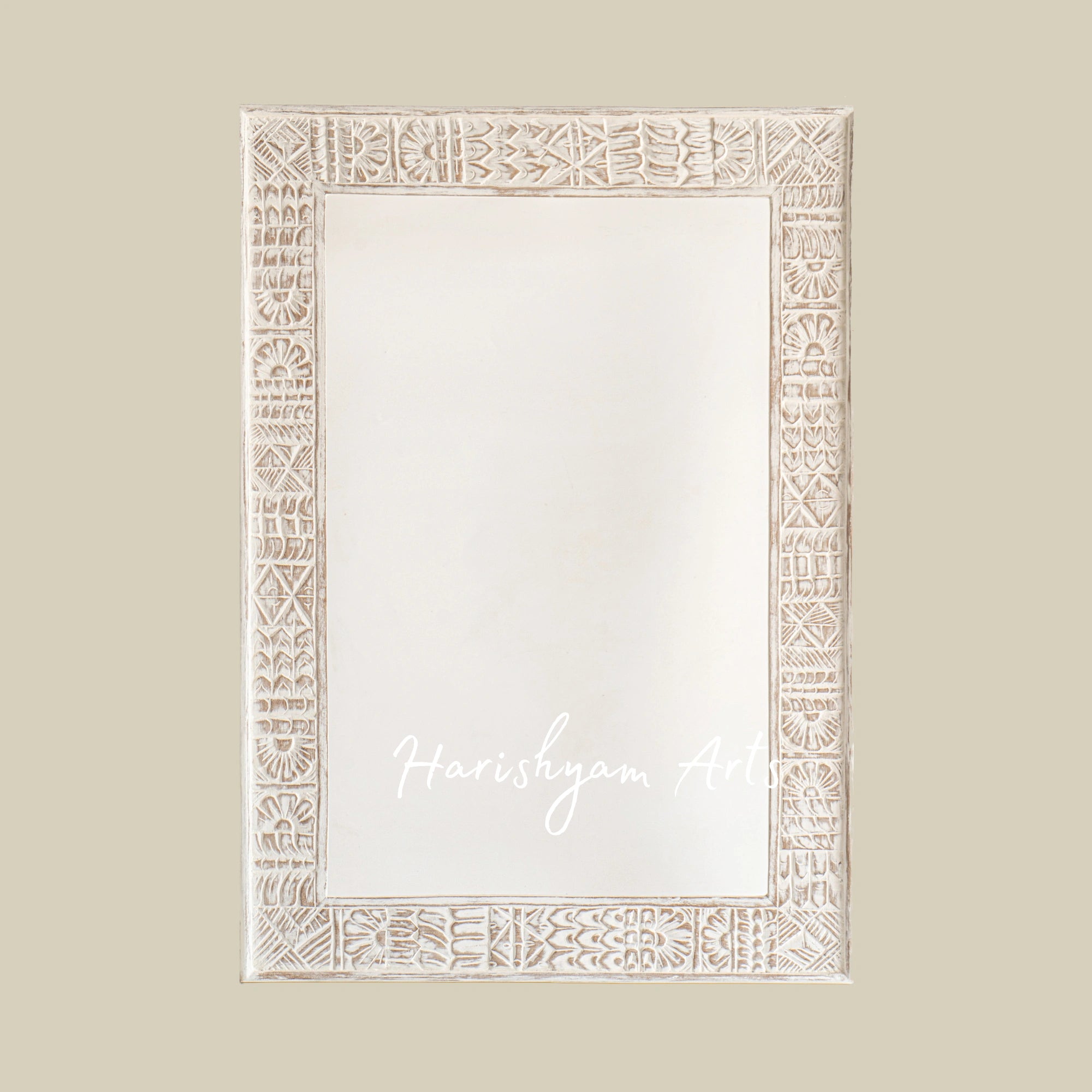 White Tribal Carved Wooden Mirror Frame