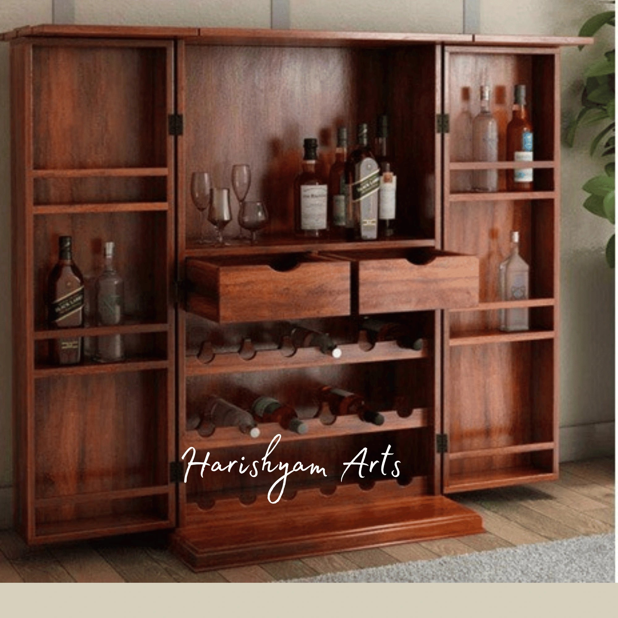 Wooden Bar Cabinet with Glass Holder and Wine Bottle Storage
3
