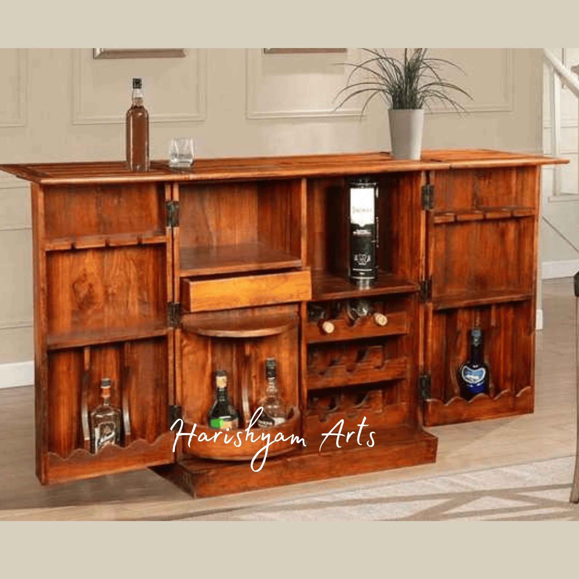 Wooden Bar Cabinet with Rotating Tray and Multi-Shelf Storage
1