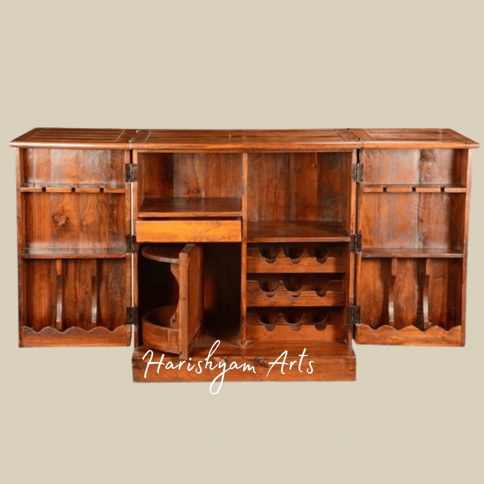 Wooden Bar Cabinet with Rotating Tray and Multi-Shelf Storage3