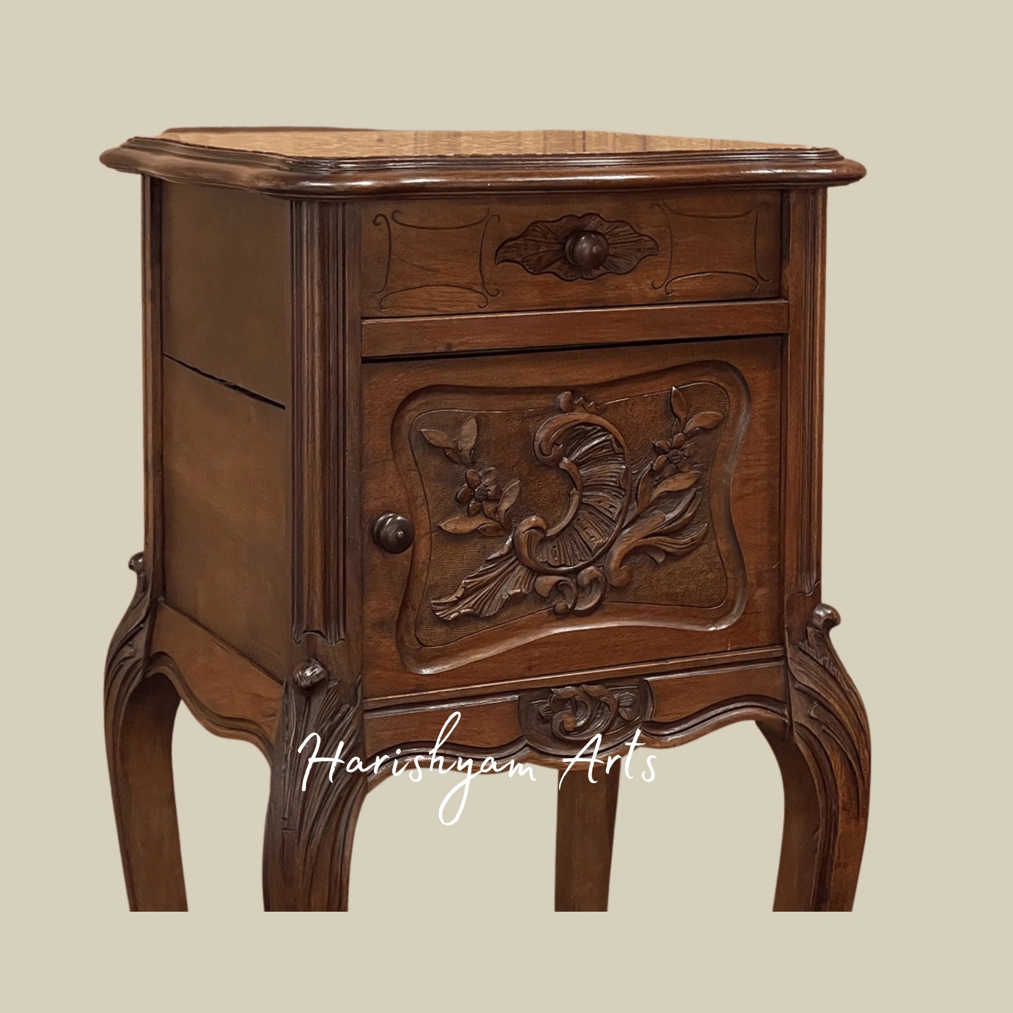 Wooden Nightstand with Carved Details and Vintage Storage