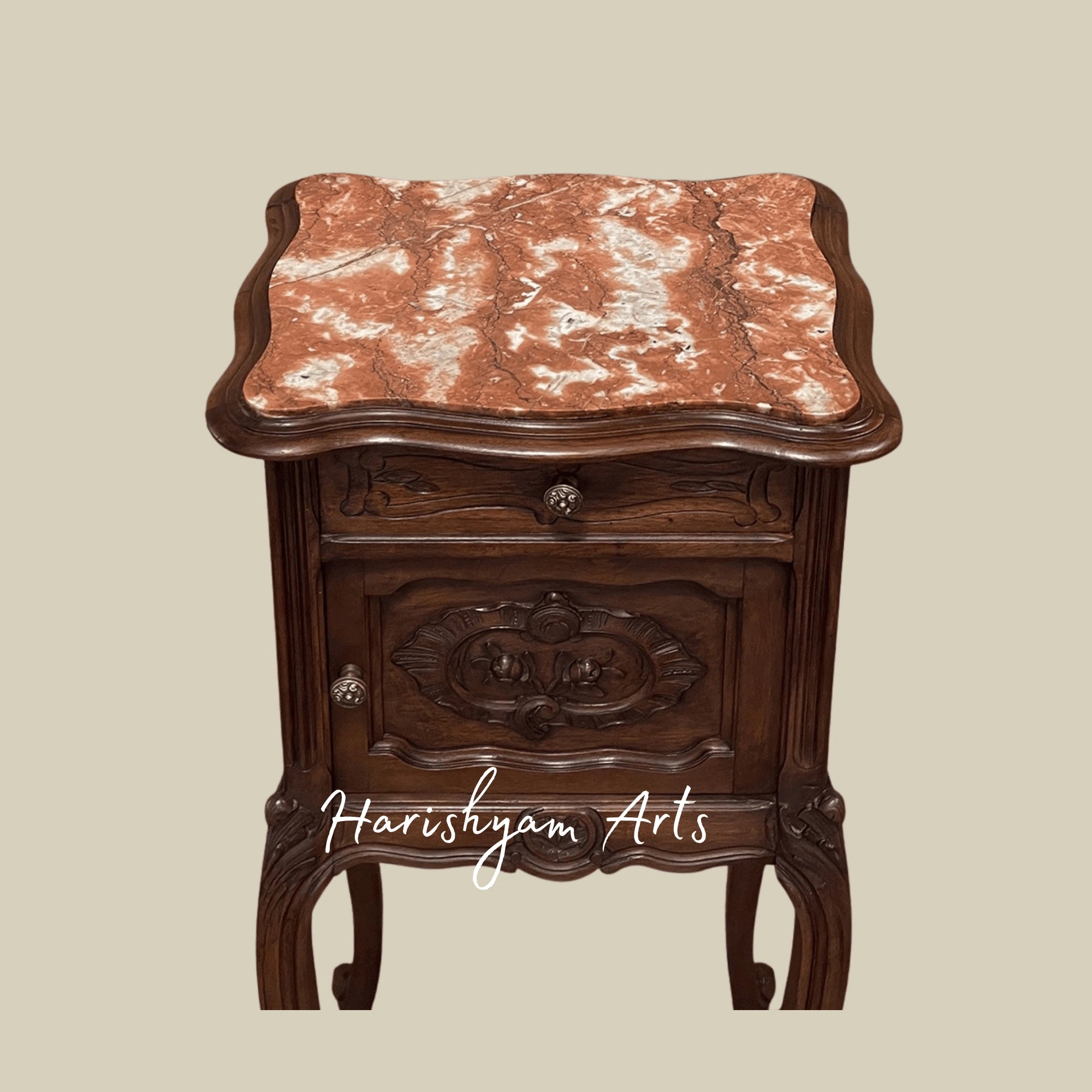 Wooden Nightstand with Carved Details and Vintage Storage