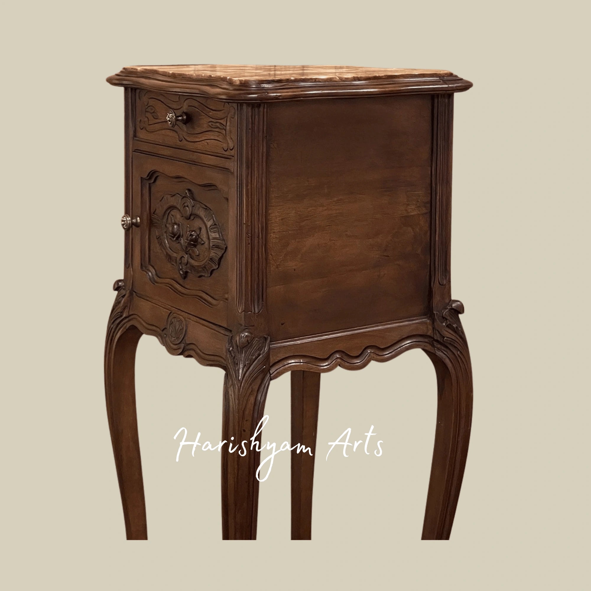 Wooden Nightstand with Carved Details and Vintage Storage